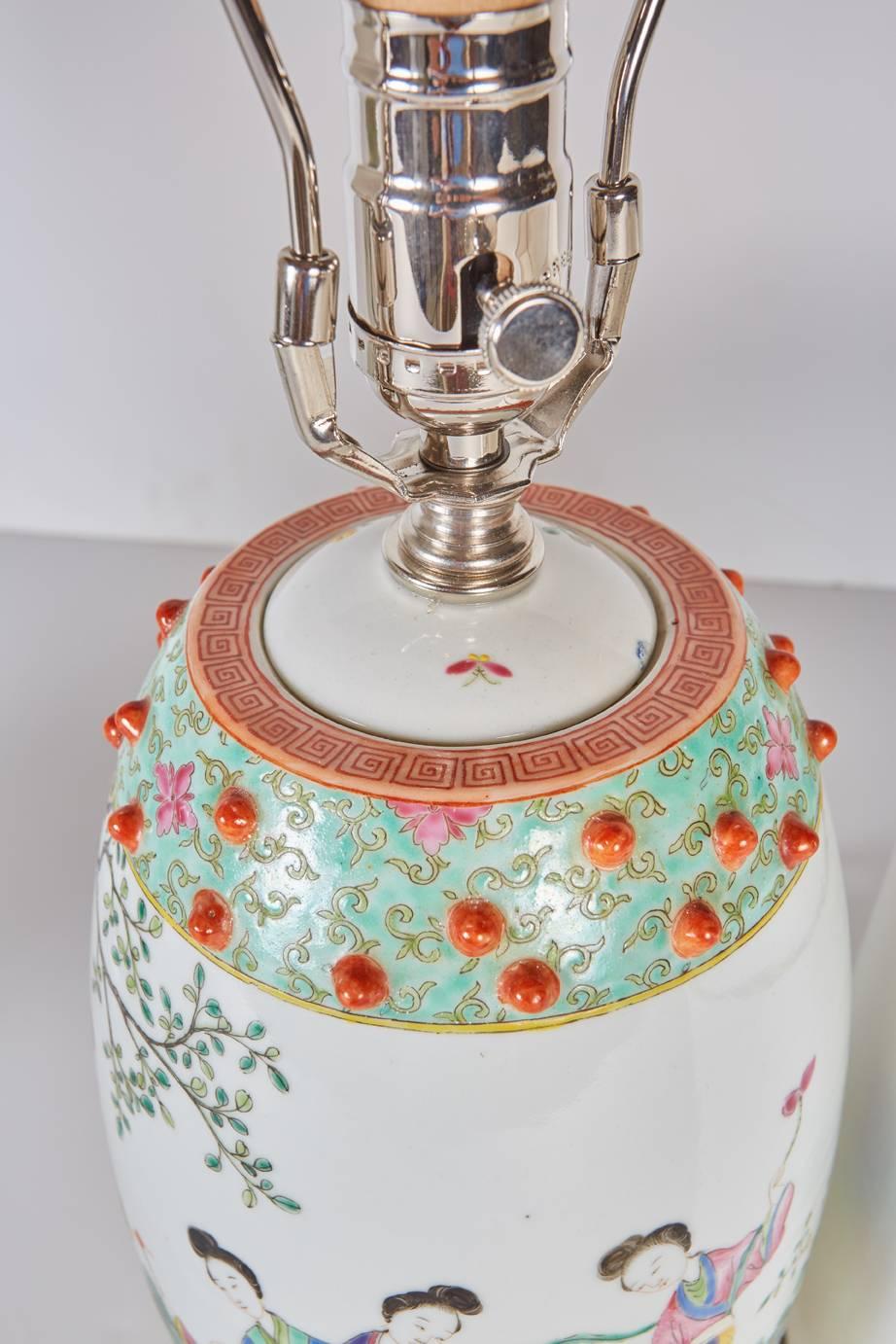 Hand-Crafted Pair of Chinese Drum Shaped Decorative Porcelains Custom Mounted as Lamps
