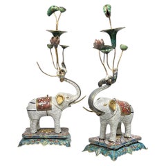 Pair Chinese Elephant Form Cloisonne Prickets Candle Holders
