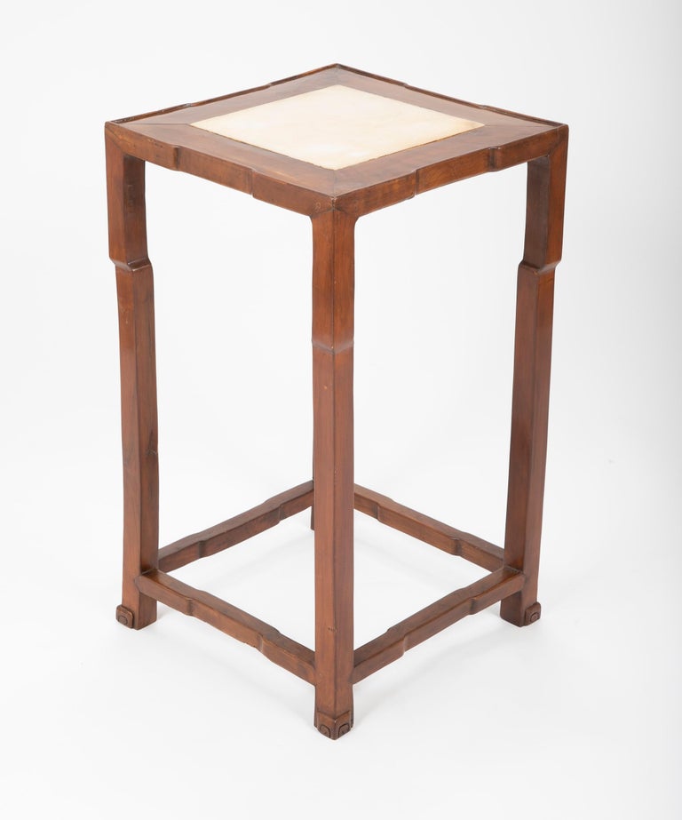 Pair of Chinese Elm Wood Side Tables with Marble Inlaid Tops at 1stDibs