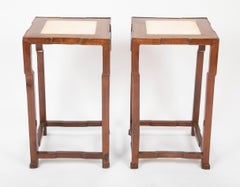 Pair of Chinese Elm Wood Side Tables with Marble Inlaid Tops