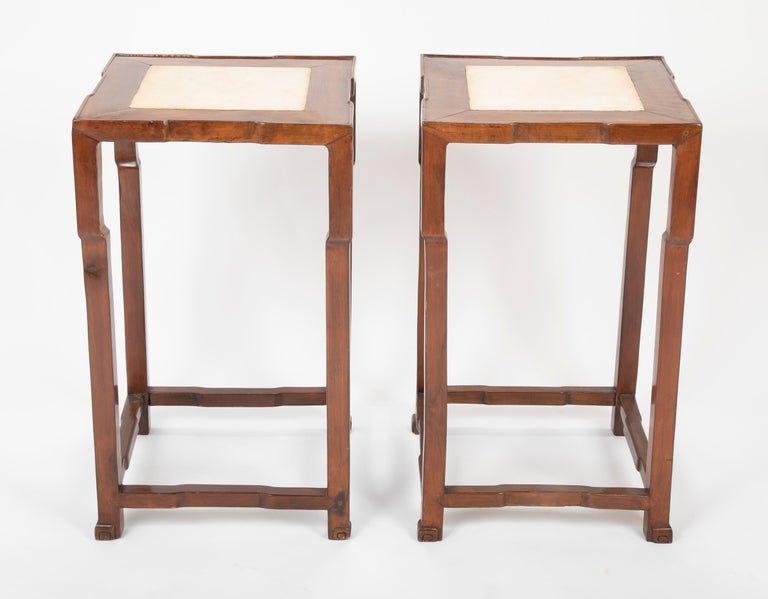 Pair of Chinese Elm Wood Side Tables with Marble Inlaid Tops at 1stDibs