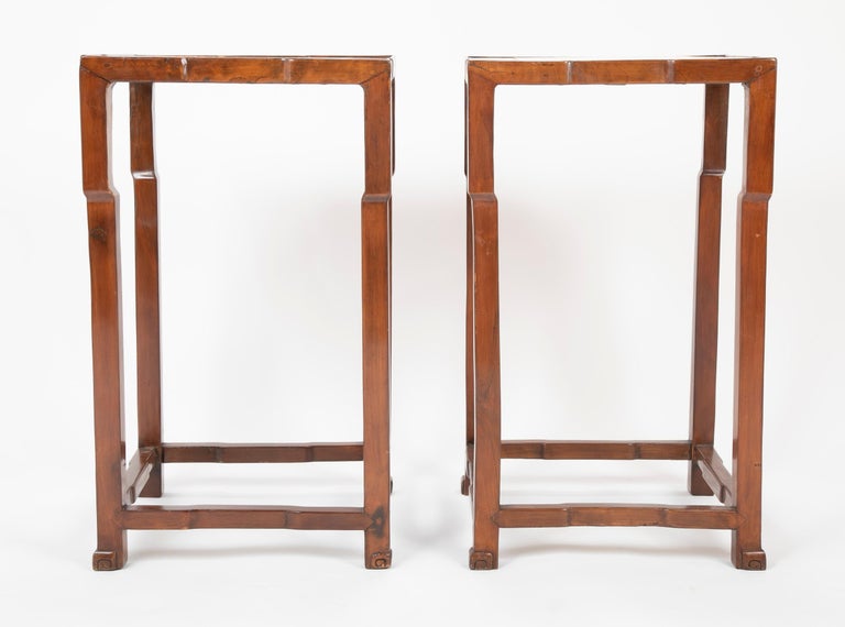 Pair of Chinese Elm Wood Side Tables with Marble Inlaid Tops at 1stDibs