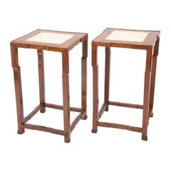Antique Pair of Chinese Elm Wood Side Tables with Marble Inlaid Tops