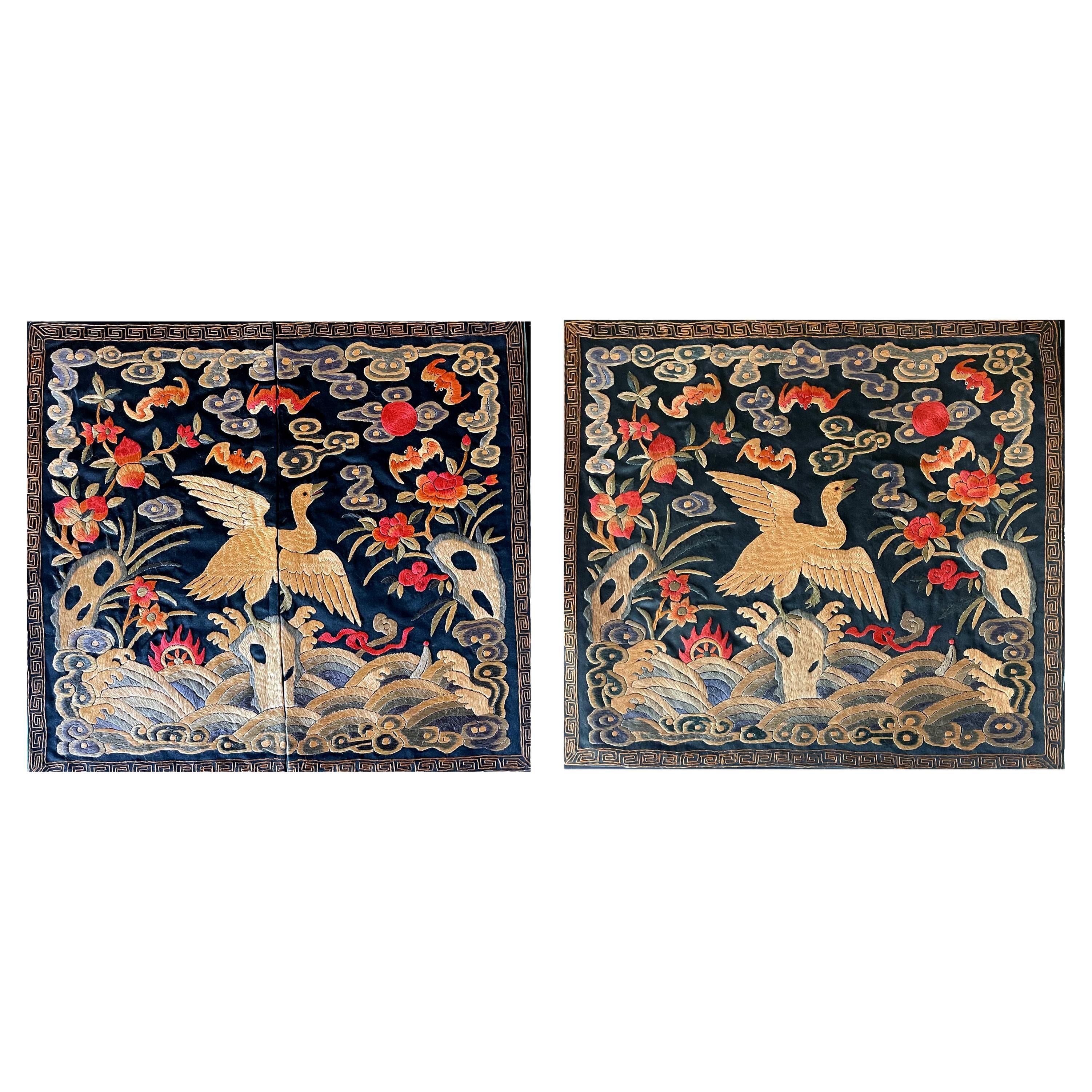 Pair Chinese Embroidered Fourth Rank Badges Qing Dynasty For Sale