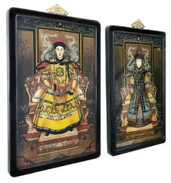 Pair Chinese Emperor Empress Ancestral Reverse Glass Portrait Paintings, 1940s