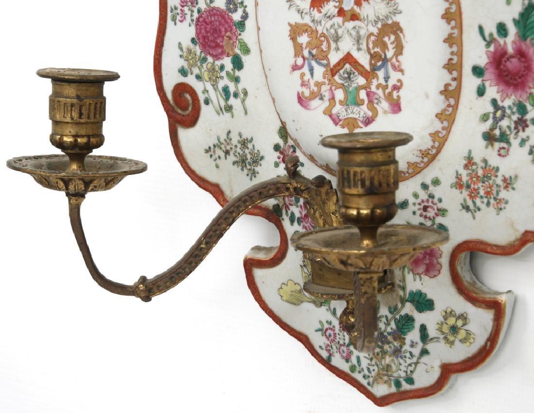 Pair Chinese Export Armorial Porcelain and Brass Sconces 9