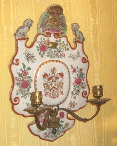 Pair Chinese Export Armorial Porcelain and Brass Sconces