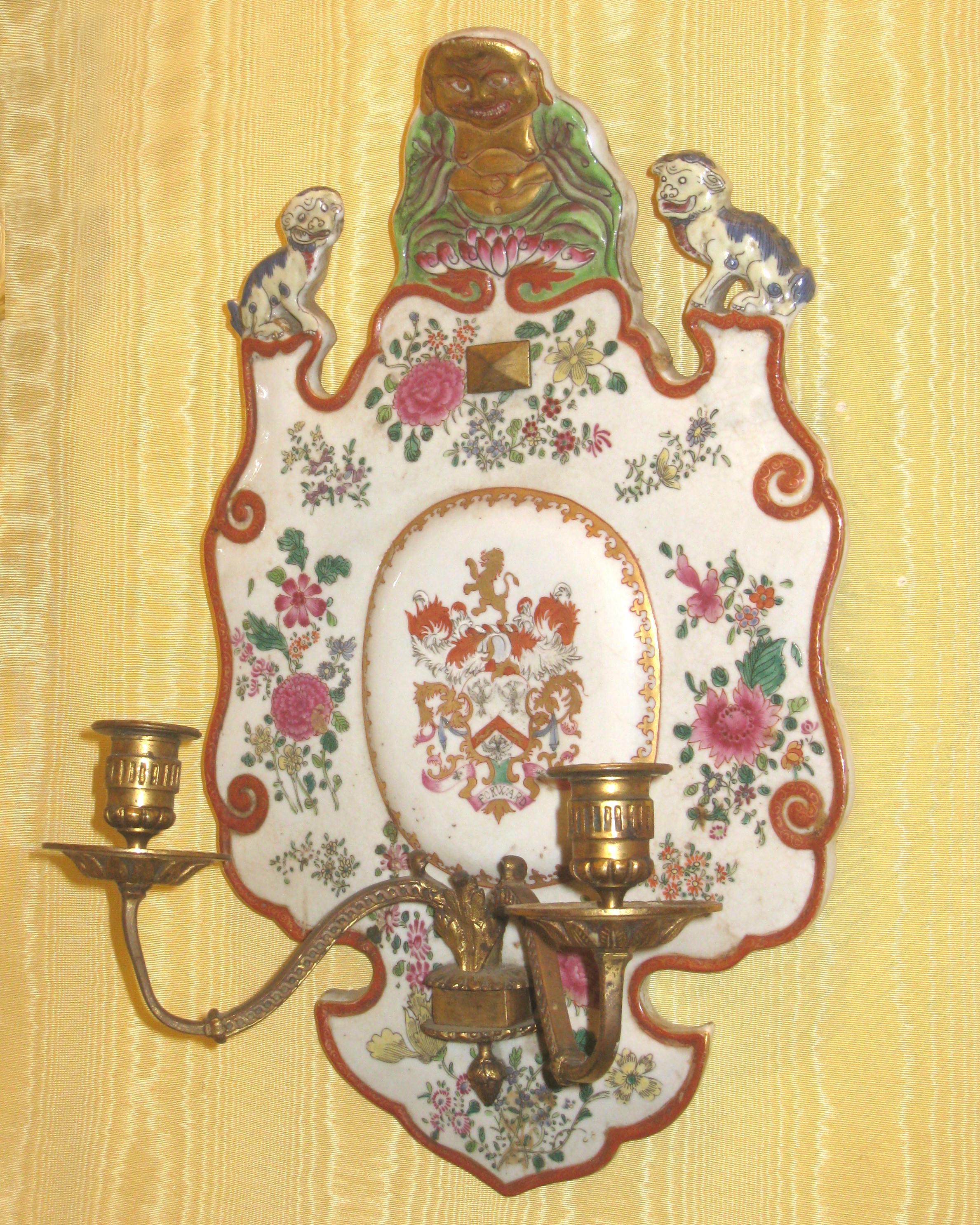 European Pair Chinese Export Armorial Porcelain and Brass Sconces
