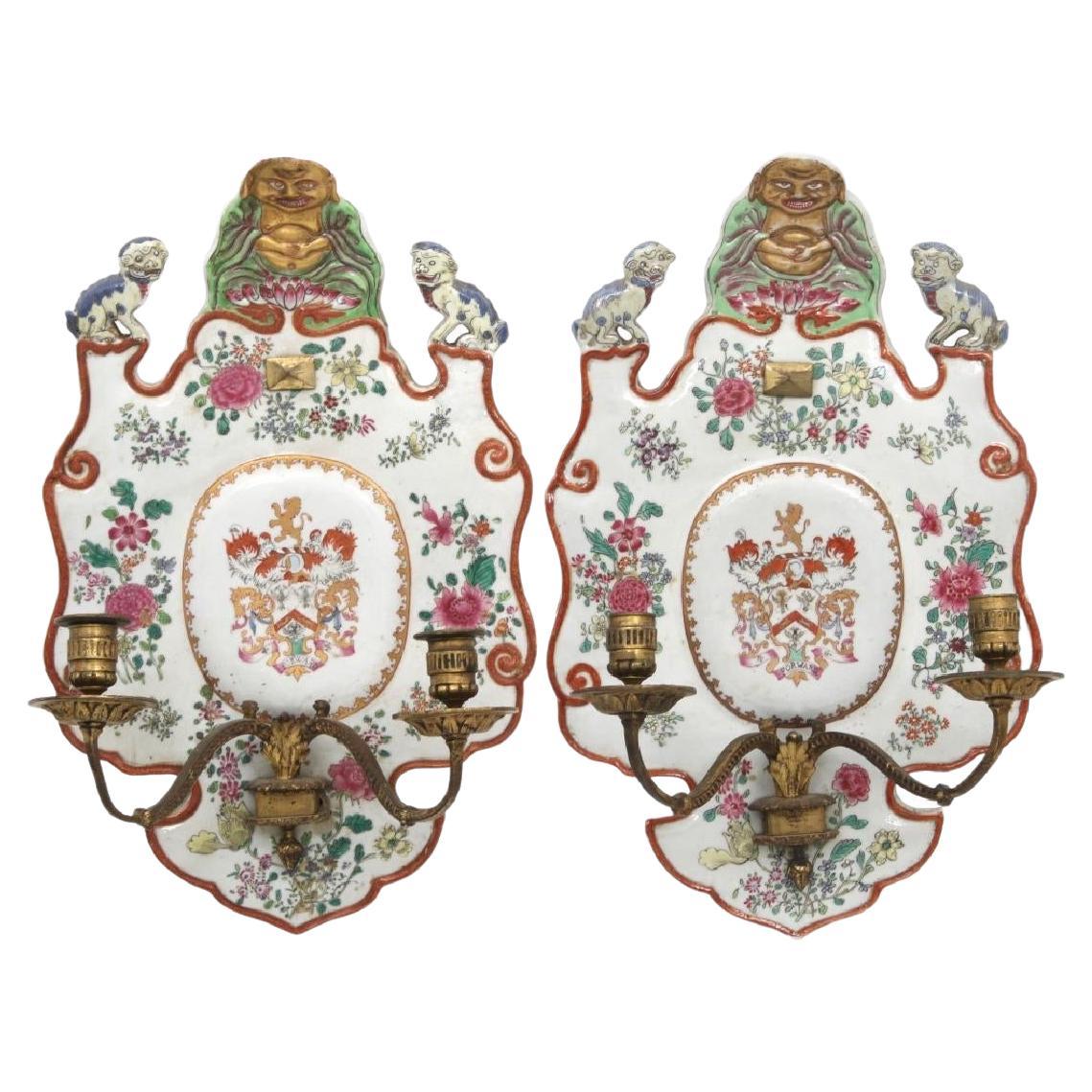 Pair Chinese Export Armorial Porcelain and Brass Sconces