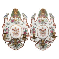 Pair Chinese Export Armorial Porcelain and Brass Sconces