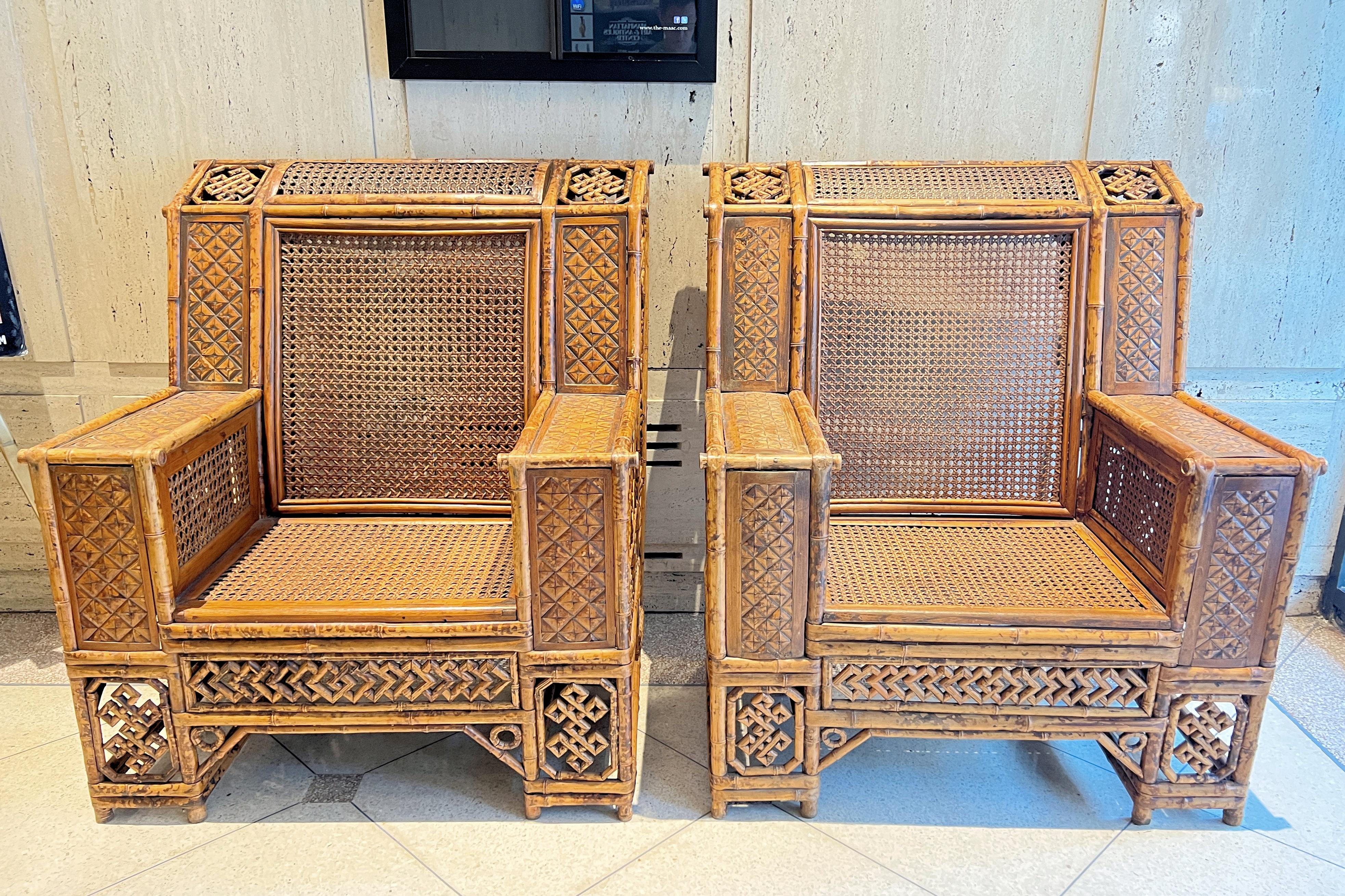 Anglo-Indian Pair Chinese Export Bamboo and Rattan Club Chairs