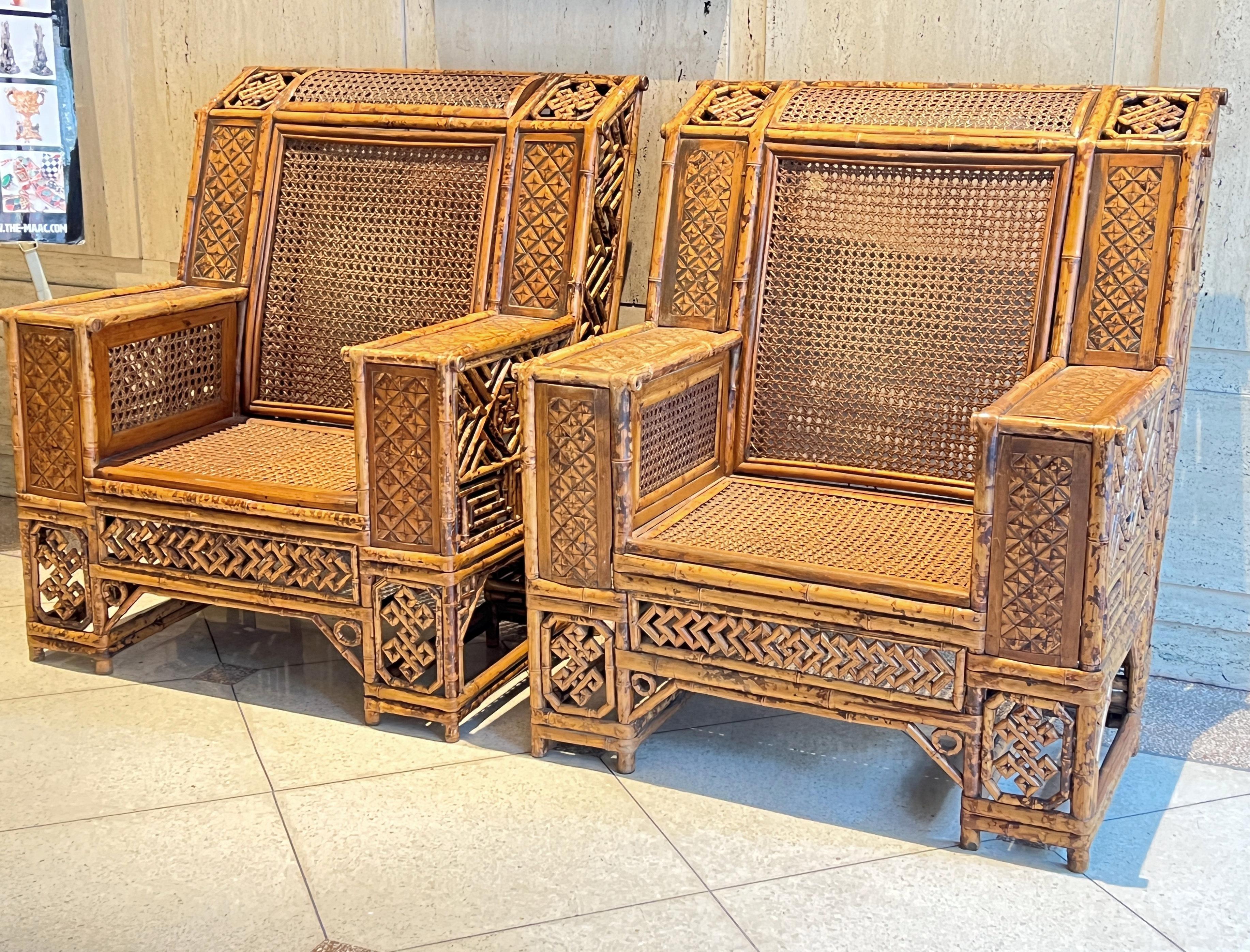 Indian Pair Chinese Export Bamboo and Rattan Club Chairs