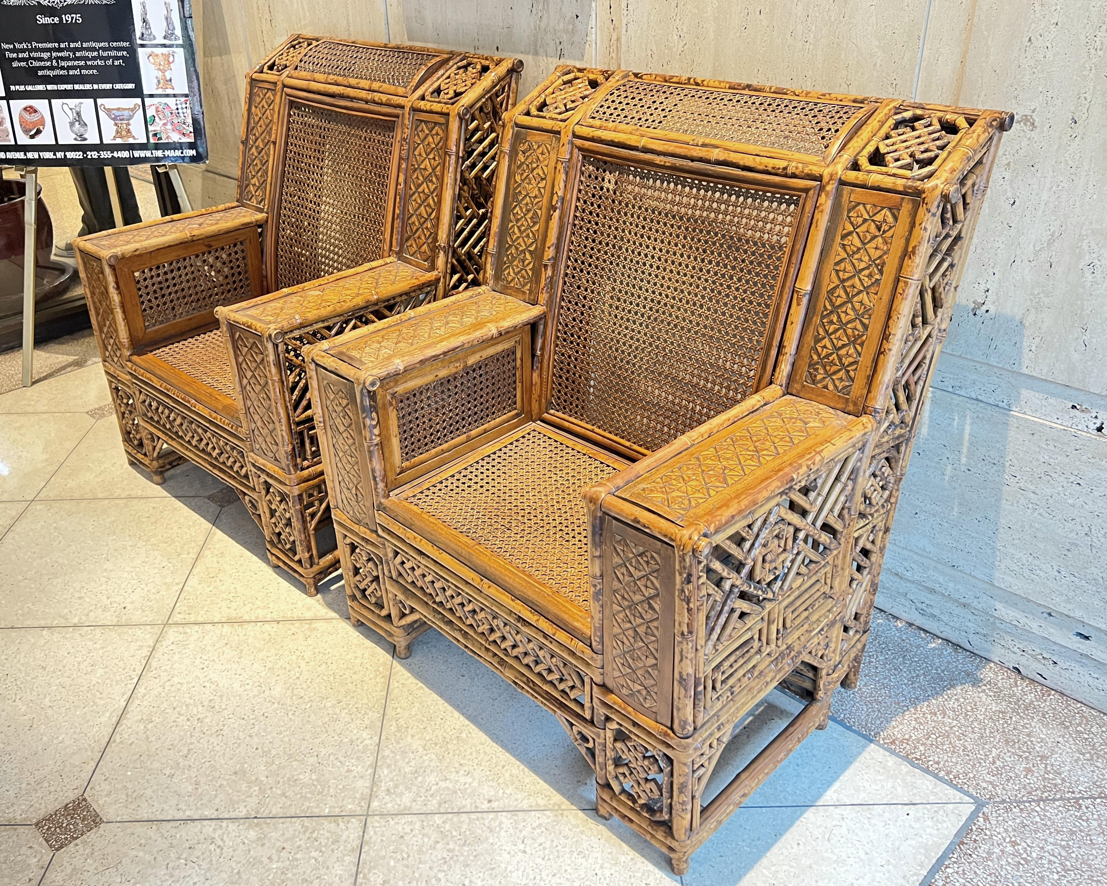 Pair Chinese Export Bamboo and Rattan Club Chairs In Good Condition In New York, US