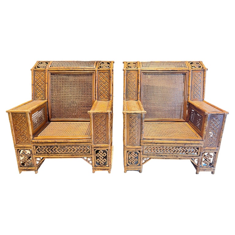 Pair Chinese Export Bamboo and Rattan Club Chairs For Sale at 1stDibs