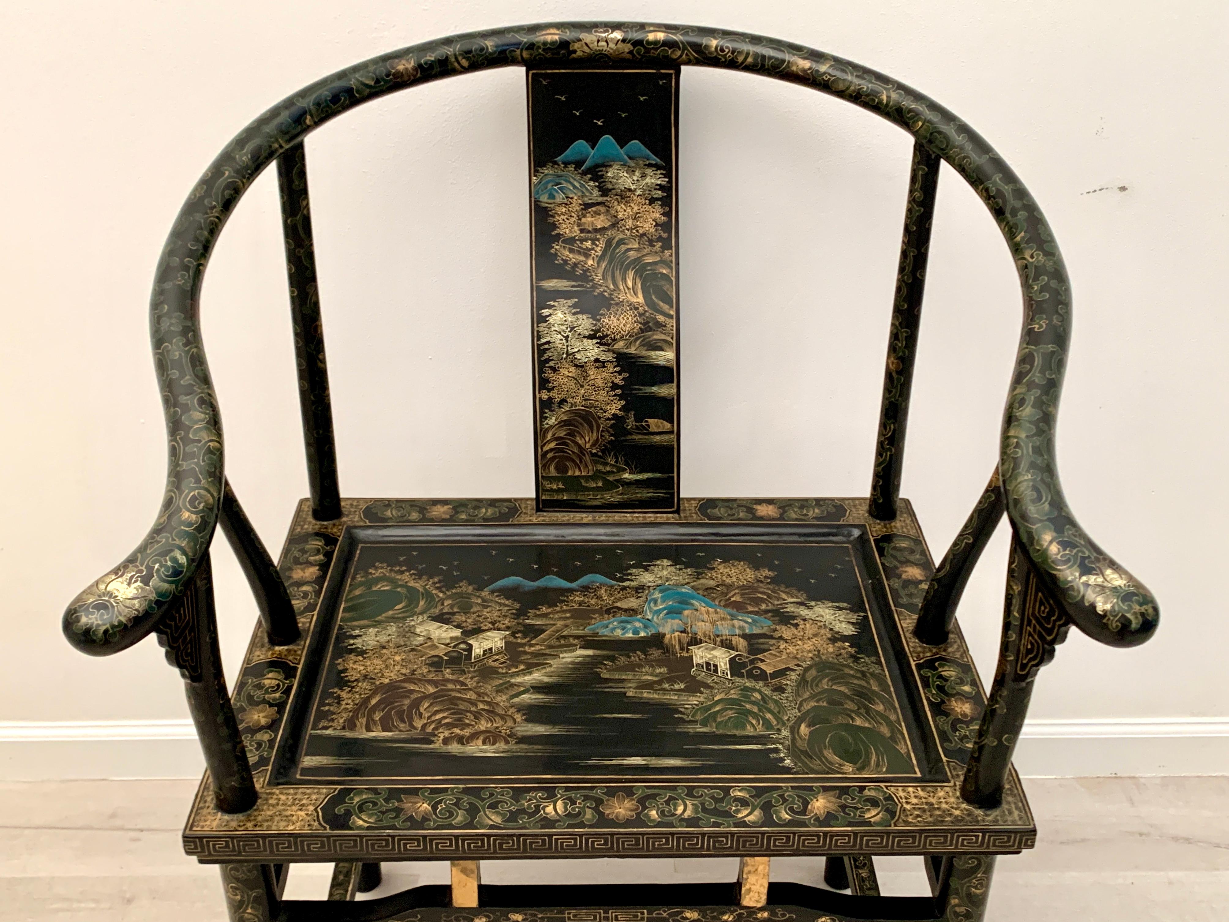 Pair Chinese Export Black Lacquer and Gilt Painted Horseshoe Back Chairs 7