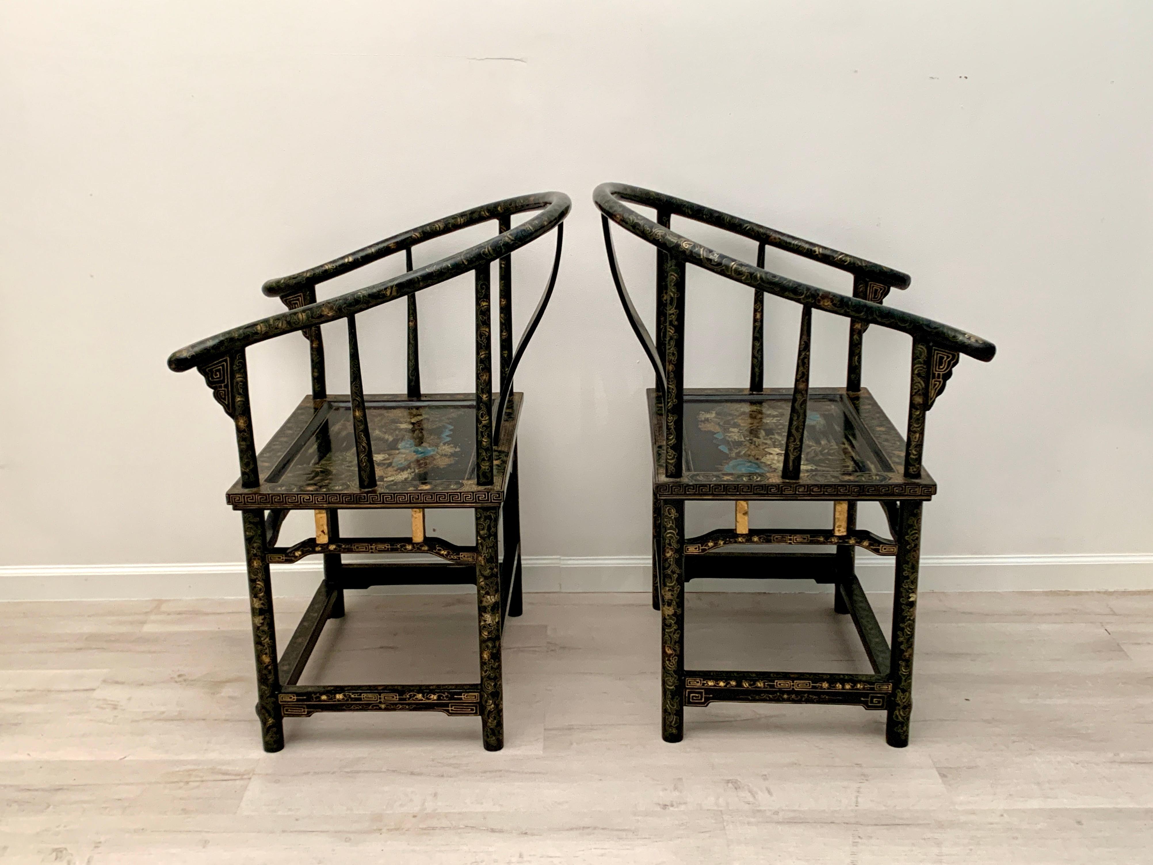 Qing Pair Chinese Export Black Lacquer and Gilt Painted Horseshoe Back Chairs