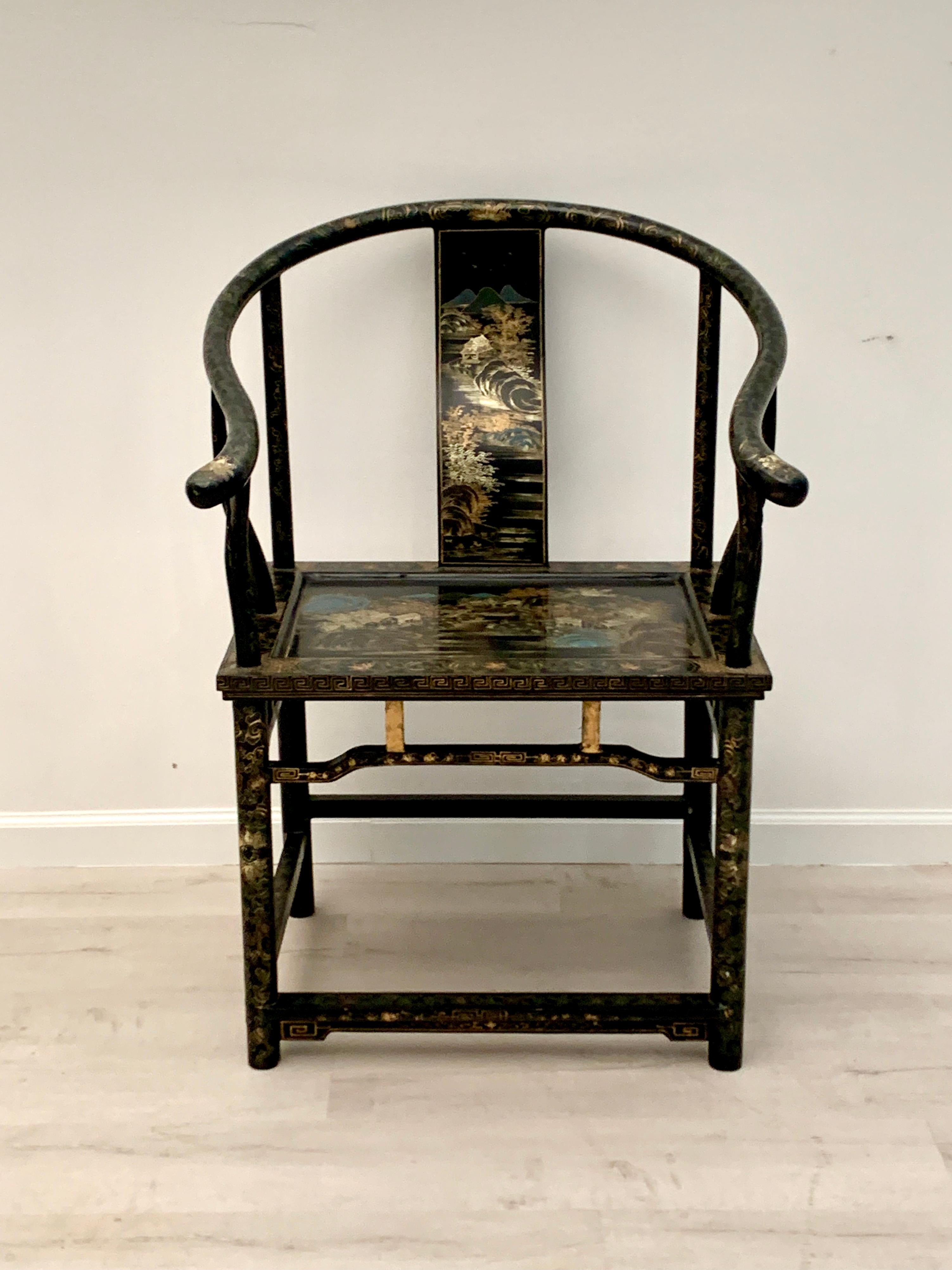 Softwood Pair Chinese Export Black Lacquer and Gilt Painted Horseshoe Back Chairs