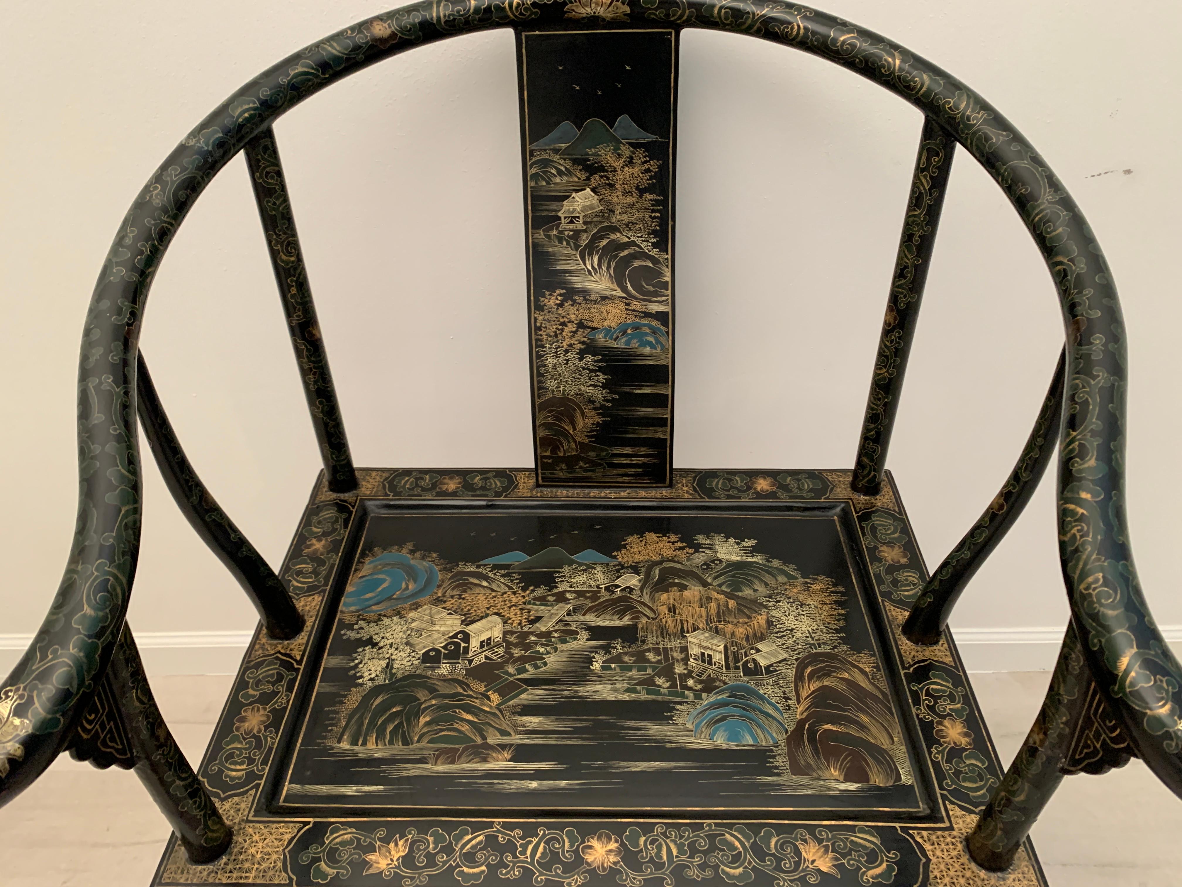 Pair Chinese Export Black Lacquer and Gilt Painted Horseshoe Back Chairs 2
