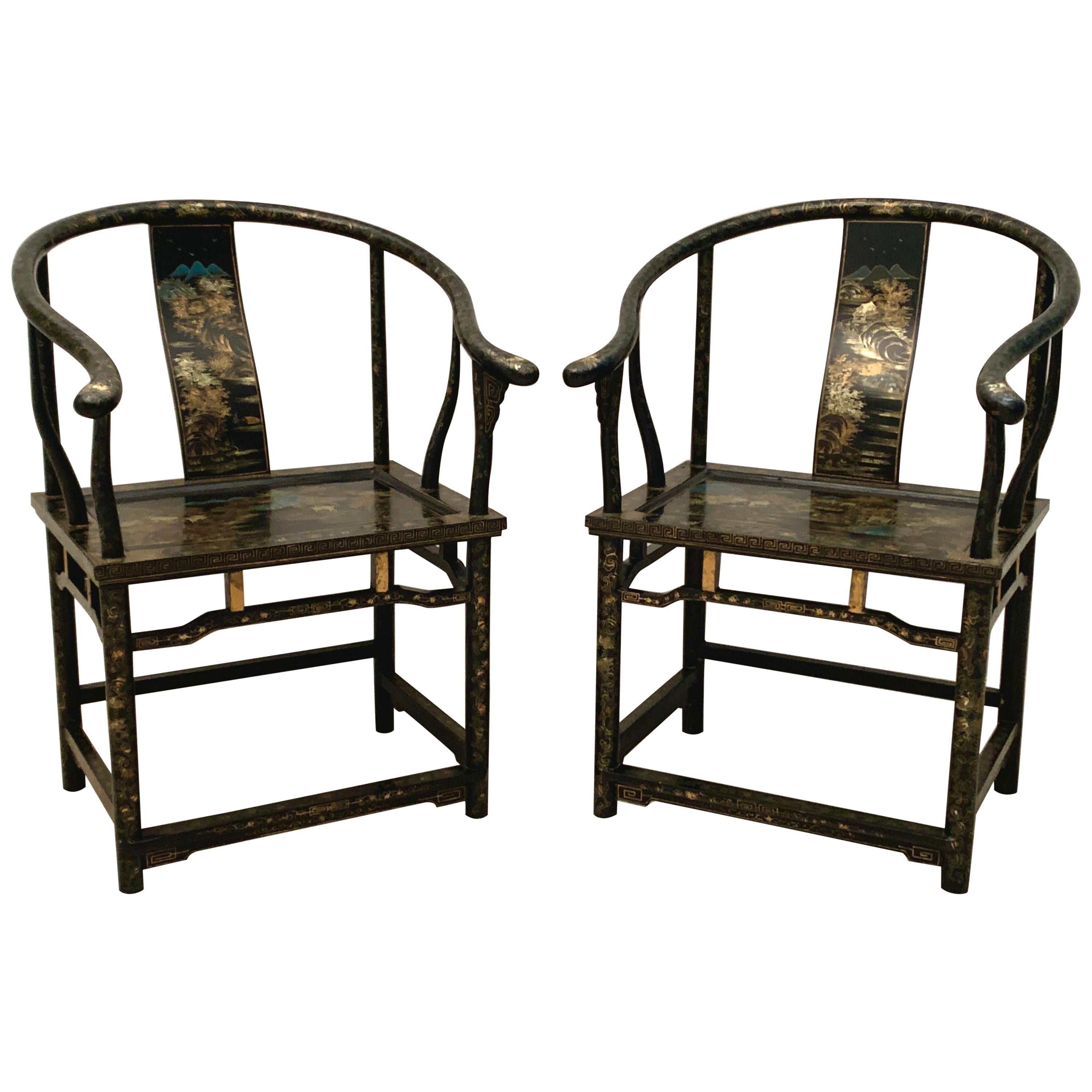 Pair Chinese Export Black Lacquer and Gilt Painted Horseshoe Back Chairs