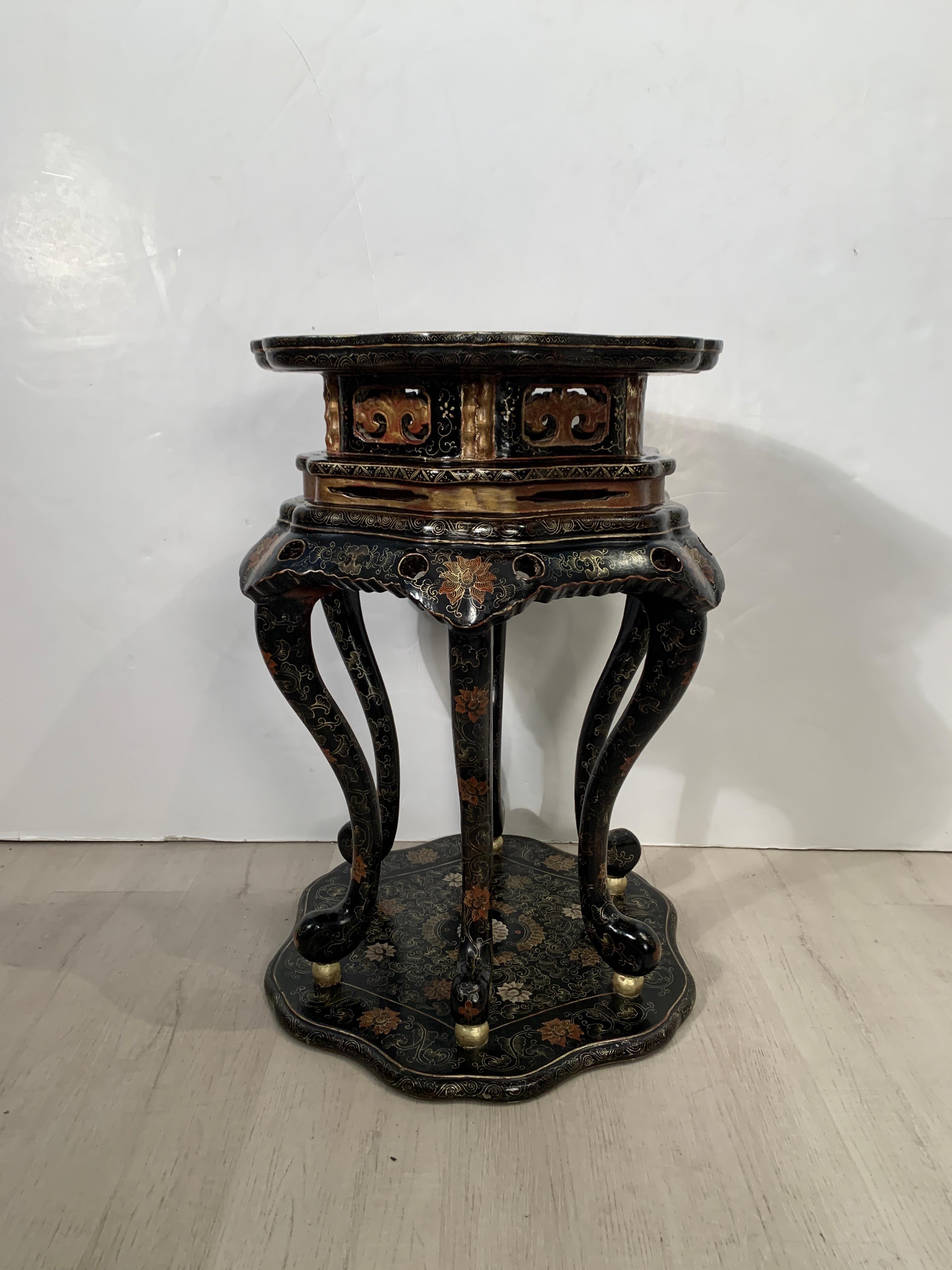 Pair Chinese Export Black Lacquer and Gilt Painted Side Tables, Mid 20th Century 4