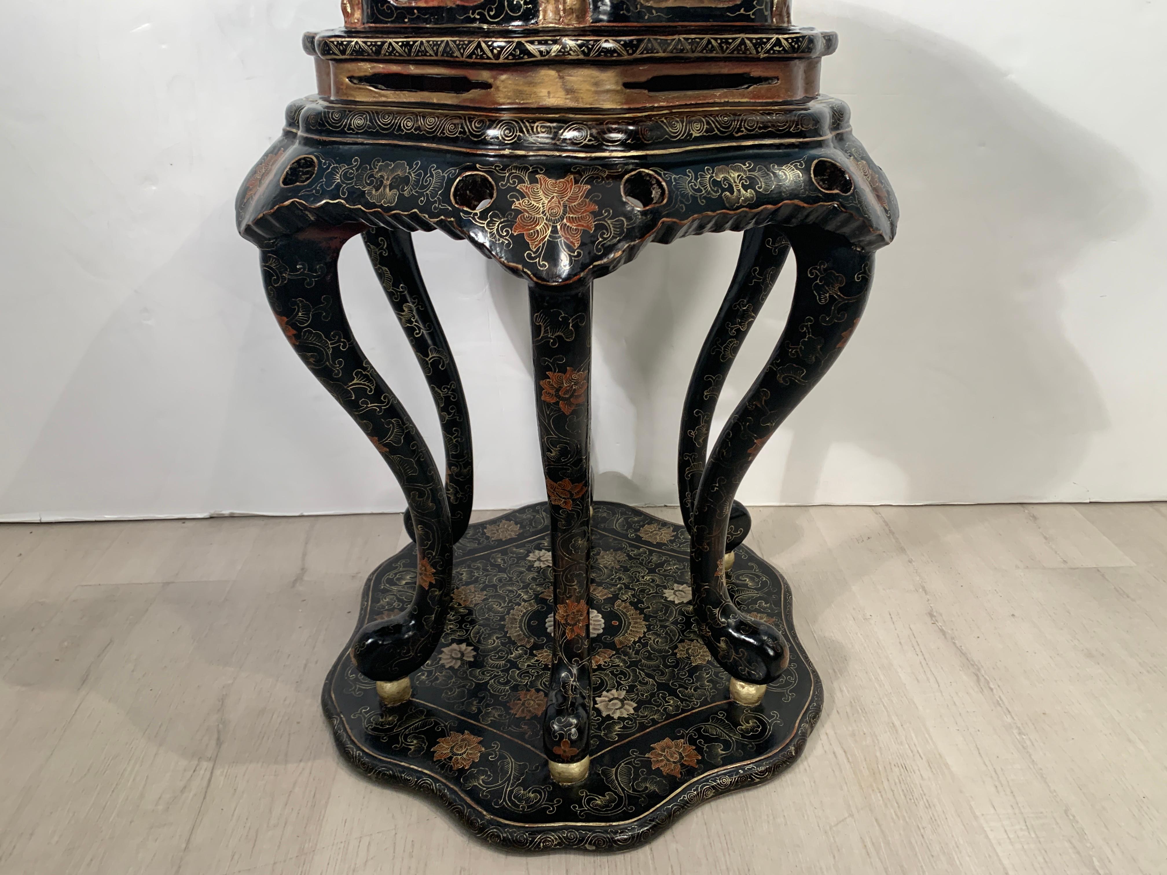 Pair Chinese Export Black Lacquer and Gilt Painted Side Tables, Mid 20th Century 6