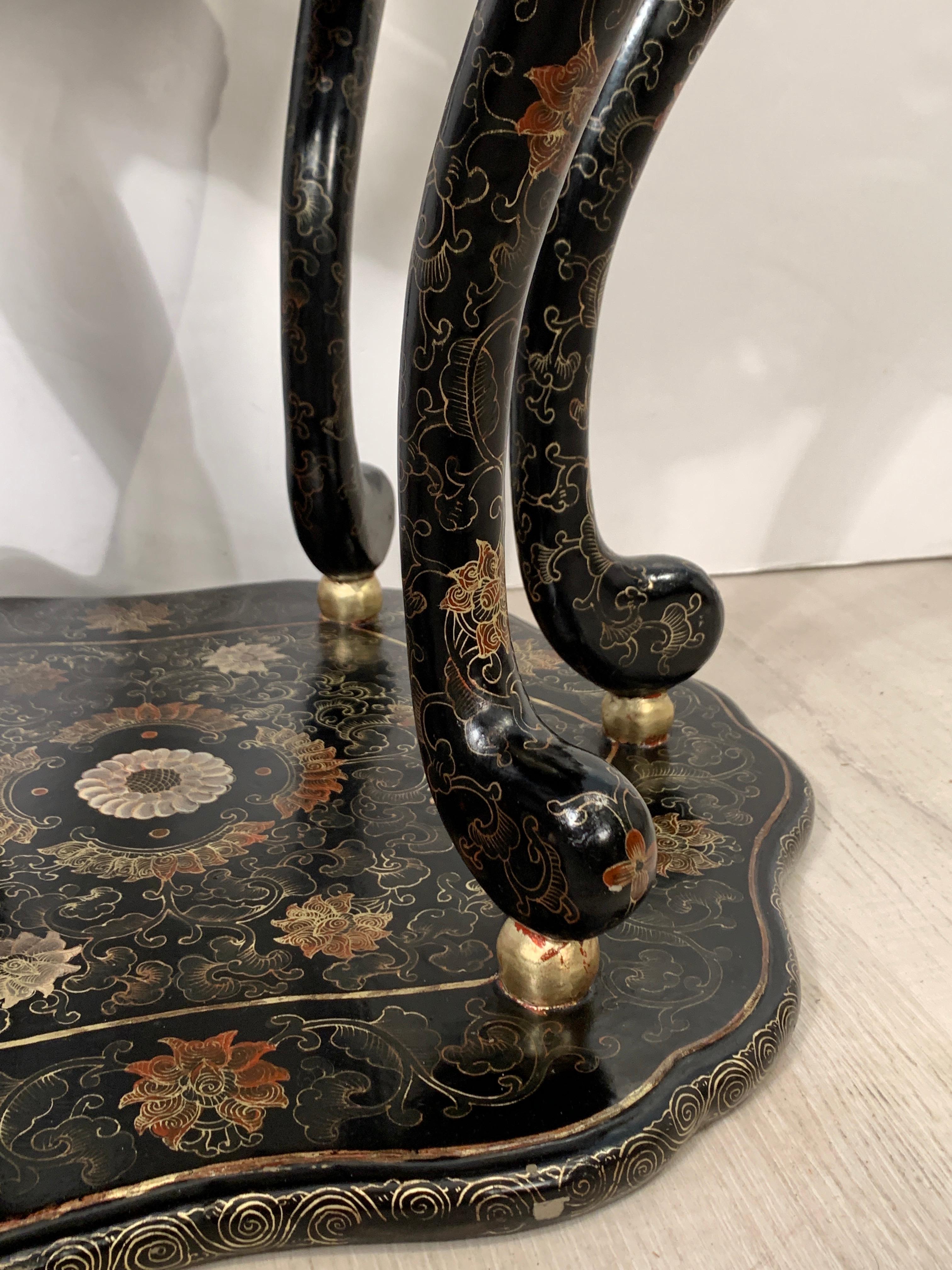 Lacquered Pair Chinese Export Black Lacquer and Gilt Painted Side Tables, Mid 20th Century