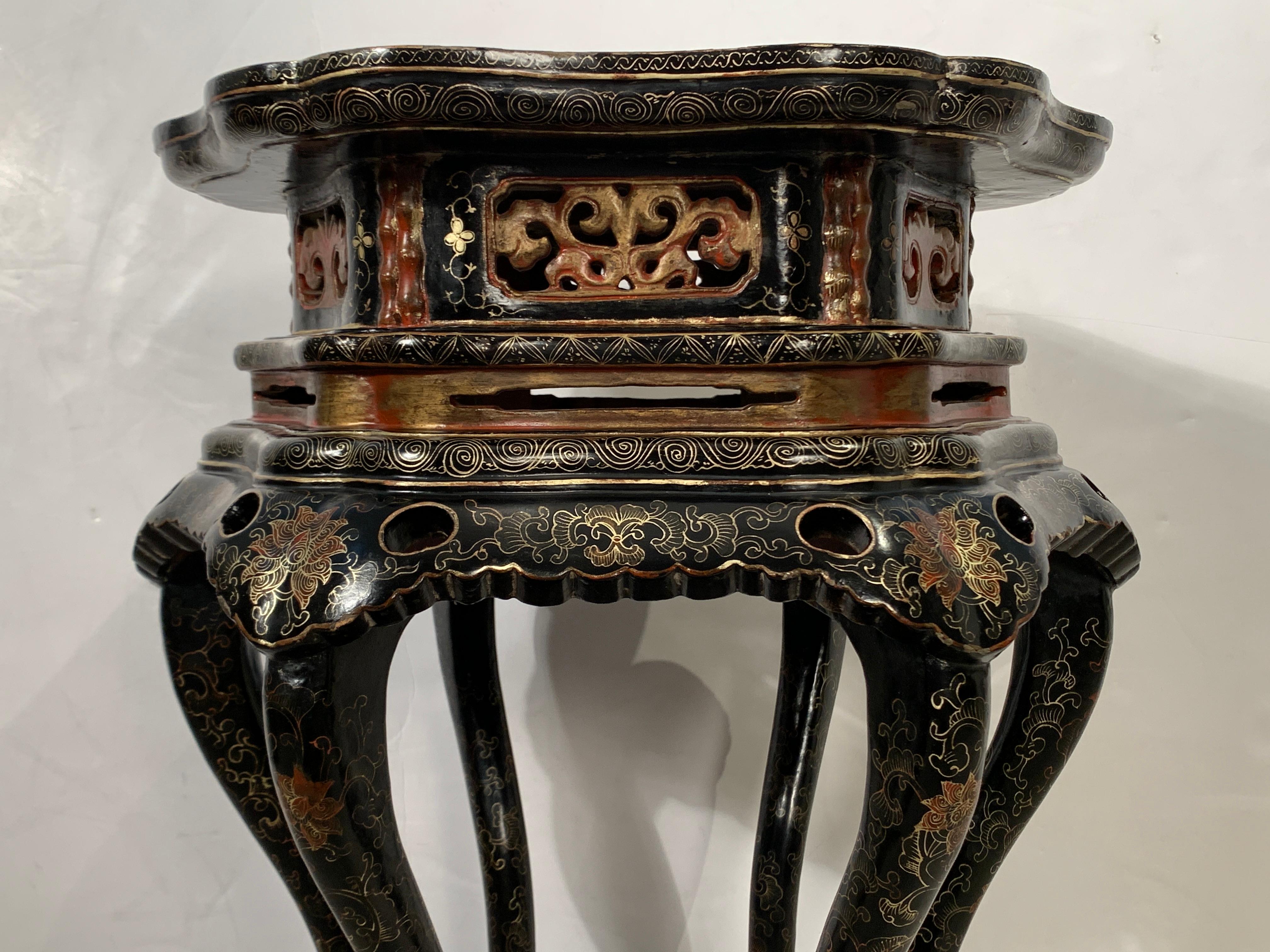 Softwood Pair Chinese Export Black Lacquer and Gilt Painted Side Tables, Mid 20th Century