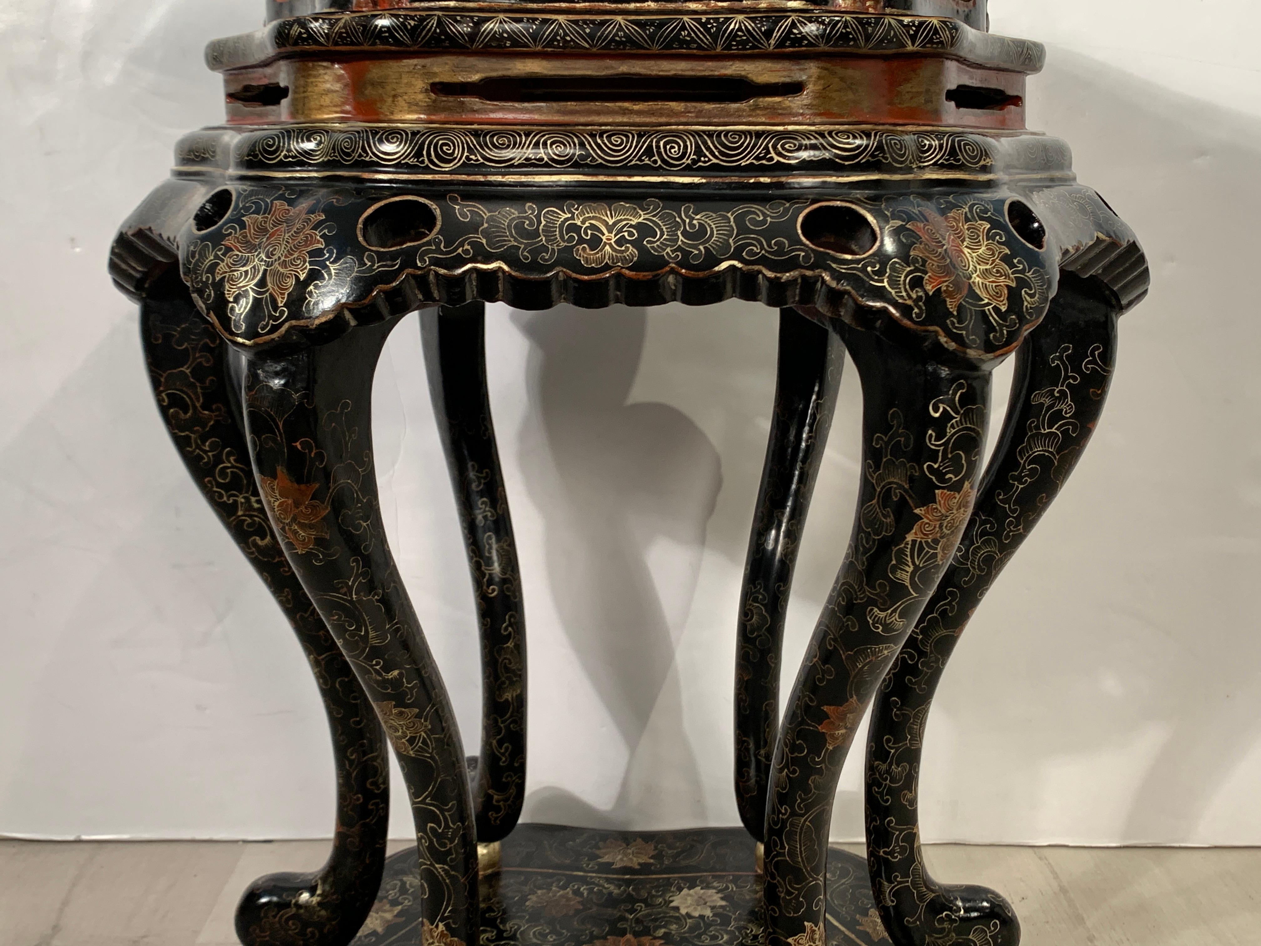 Pair Chinese Export Black Lacquer and Gilt Painted Side Tables, Mid 20th Century 1