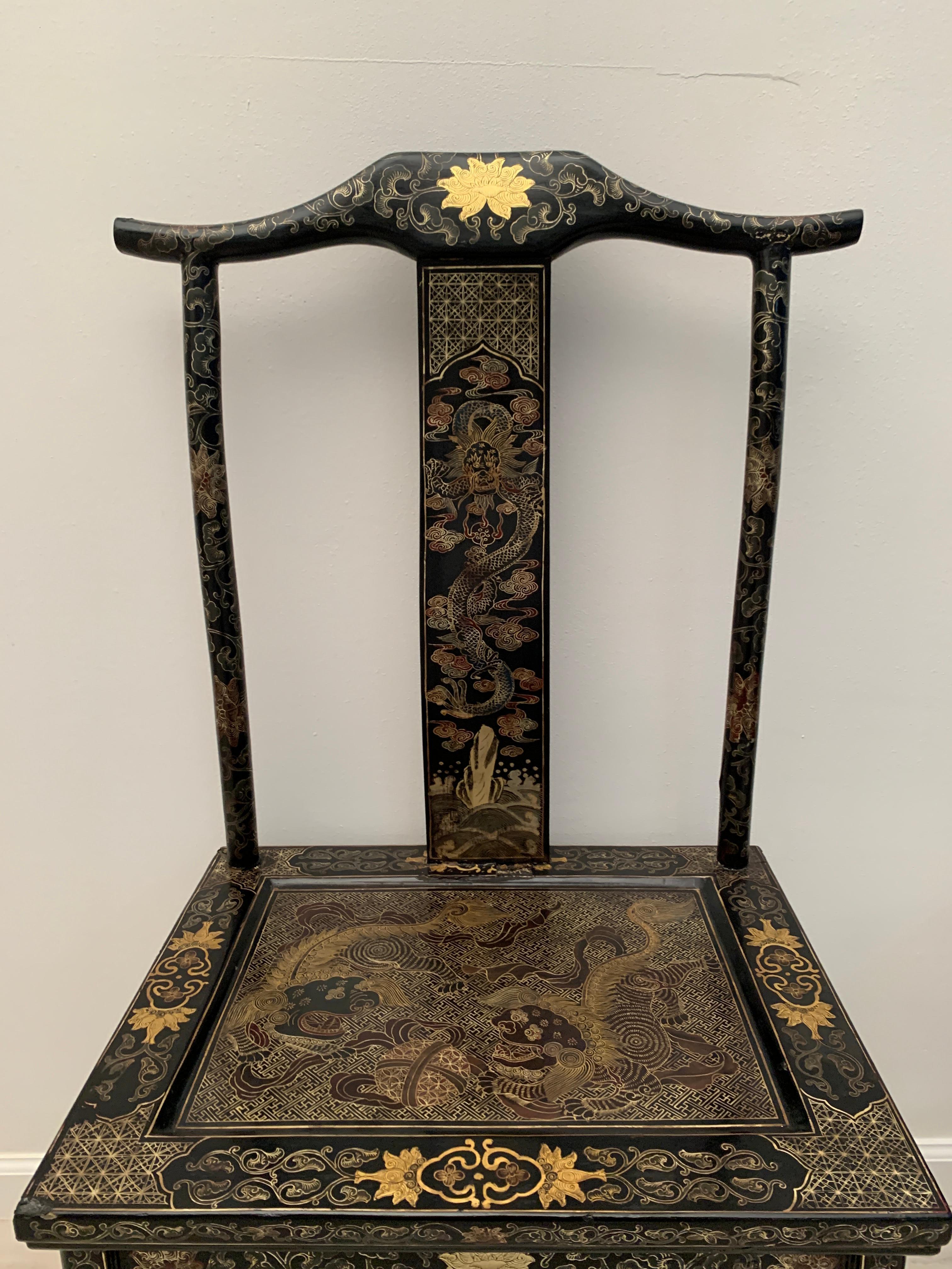 Pair Chinese Export Black Lacquer Gilt Painted Side Chairs, Mid 20th Century 4