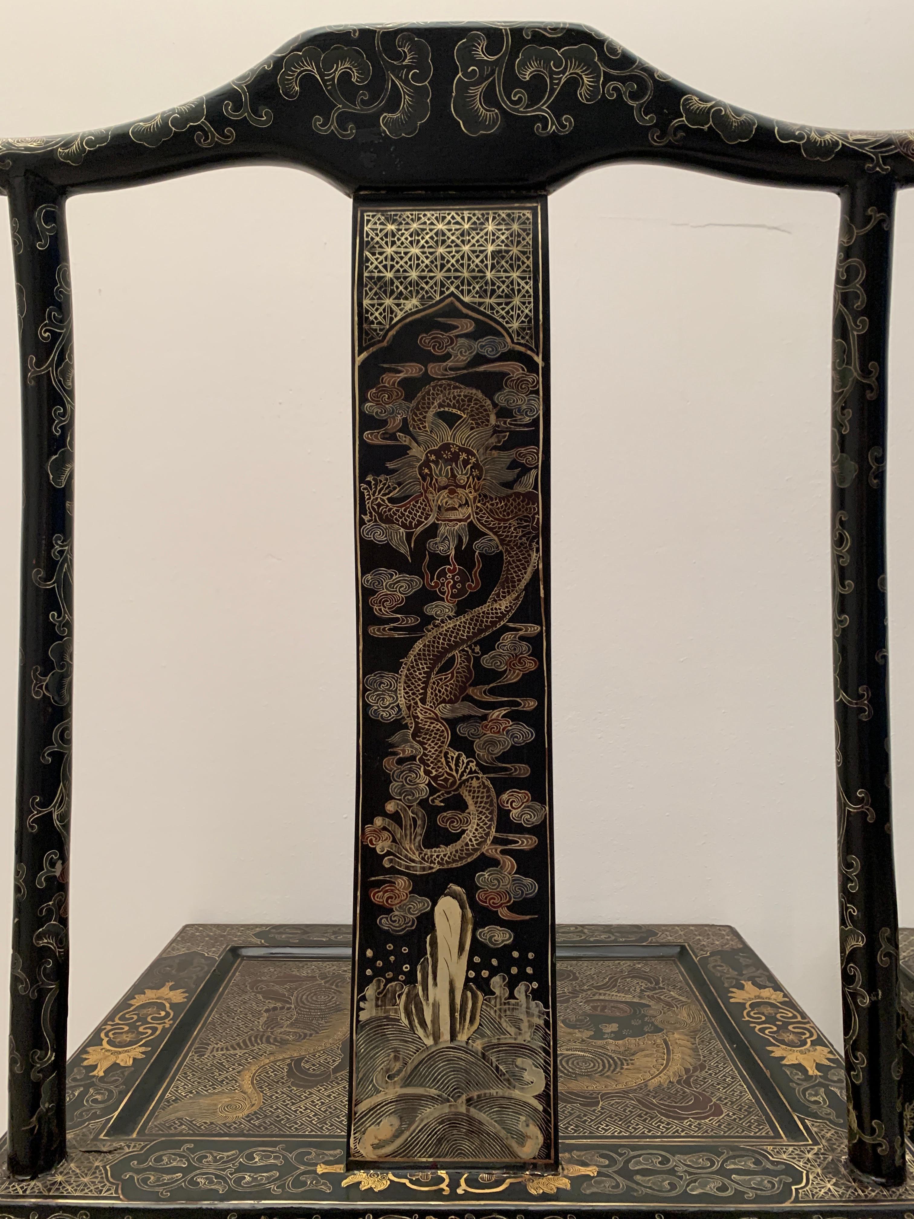 Pair Chinese Export Black Lacquer Gilt Painted Side Chairs, Mid 20th Century 7