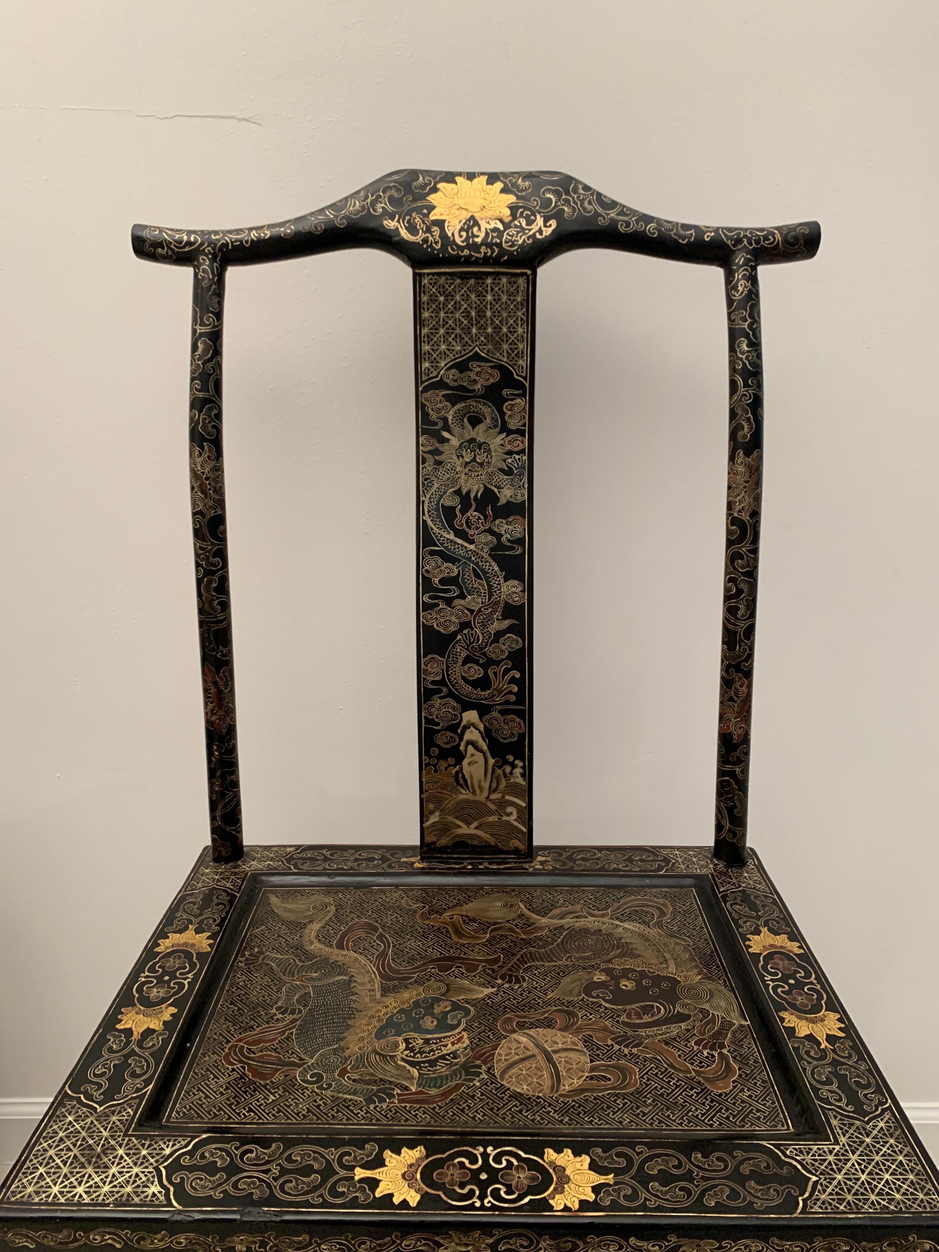 Softwood Pair Chinese Export Black Lacquer Gilt Painted Side Chairs, Mid 20th Century