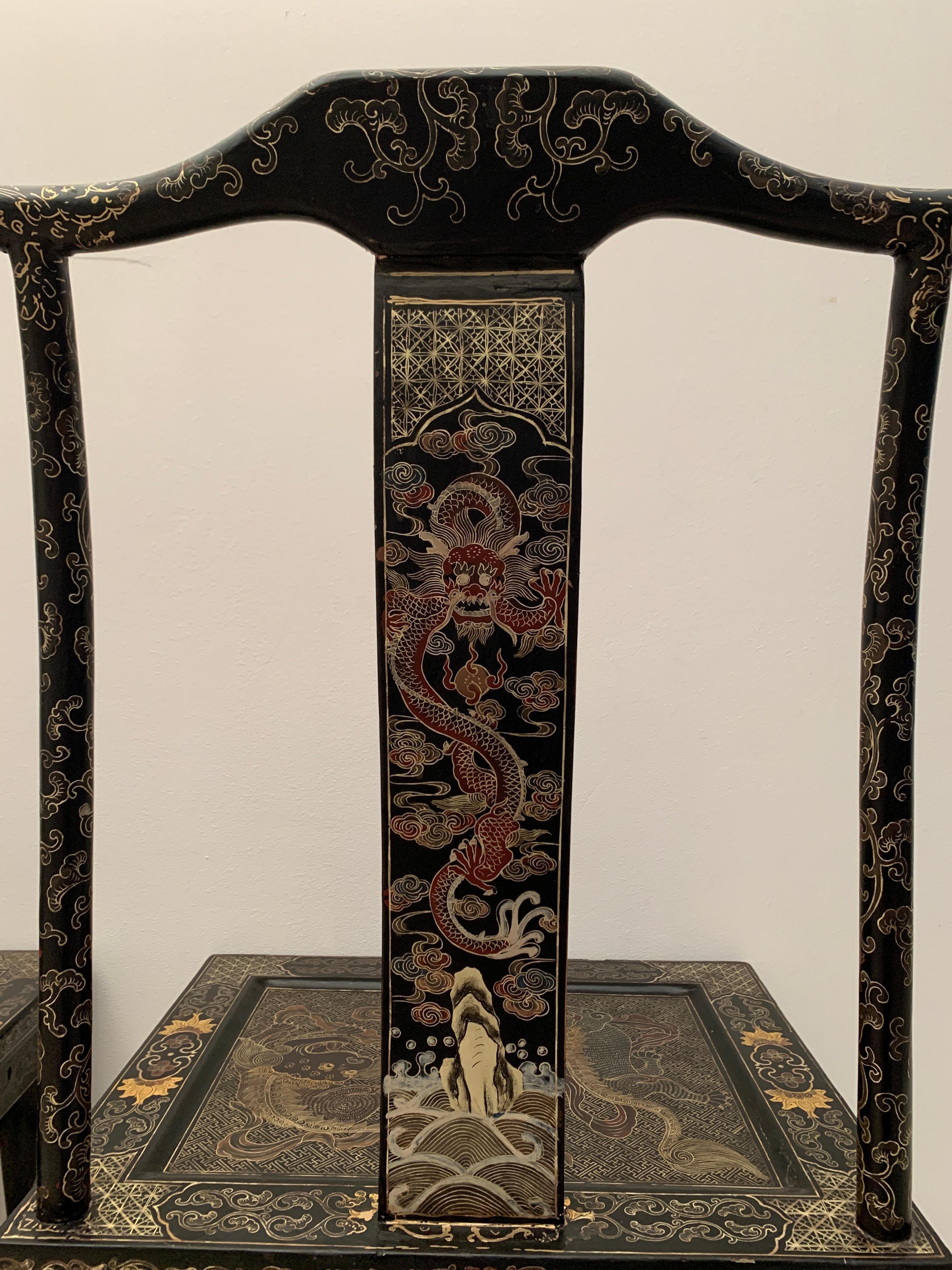 Pair Chinese Export Black Lacquer Gilt Painted Side Chairs, Mid 20th Century 3