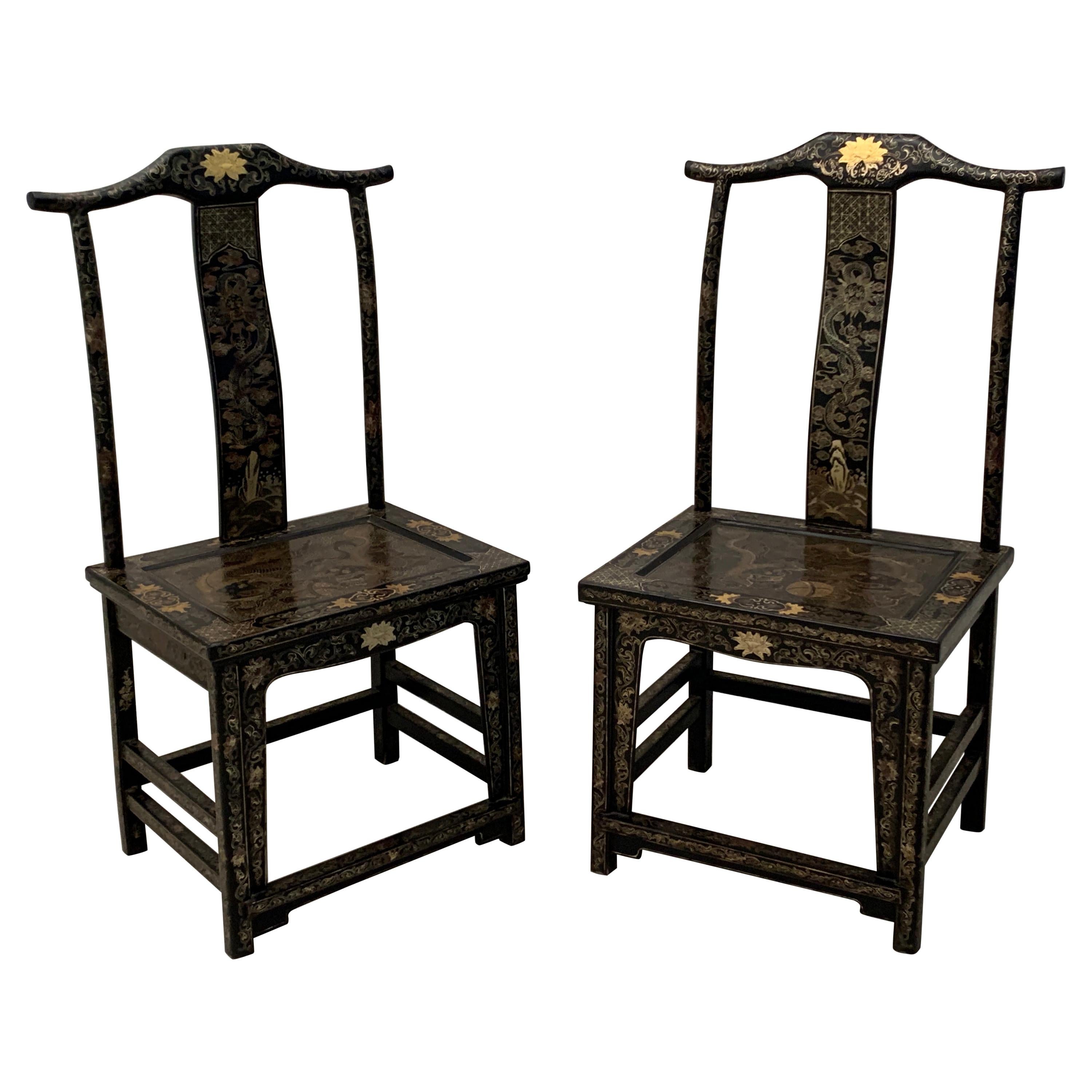 Pair Chinese Export Black Lacquer Gilt Painted Side Chairs, Mid 20th Century
