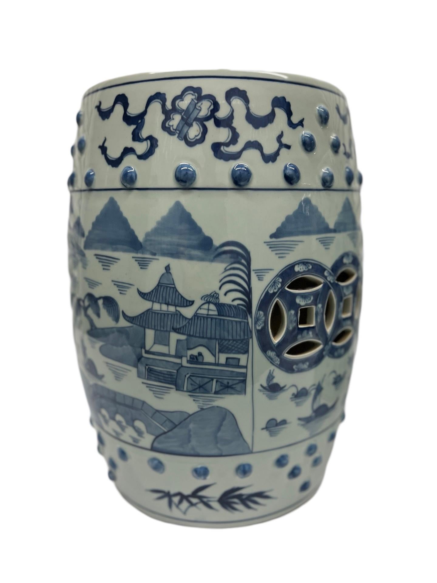Pair, Chinese Export Canton Style Blue & White Garden Stools In Good Condition In Atlanta, GA