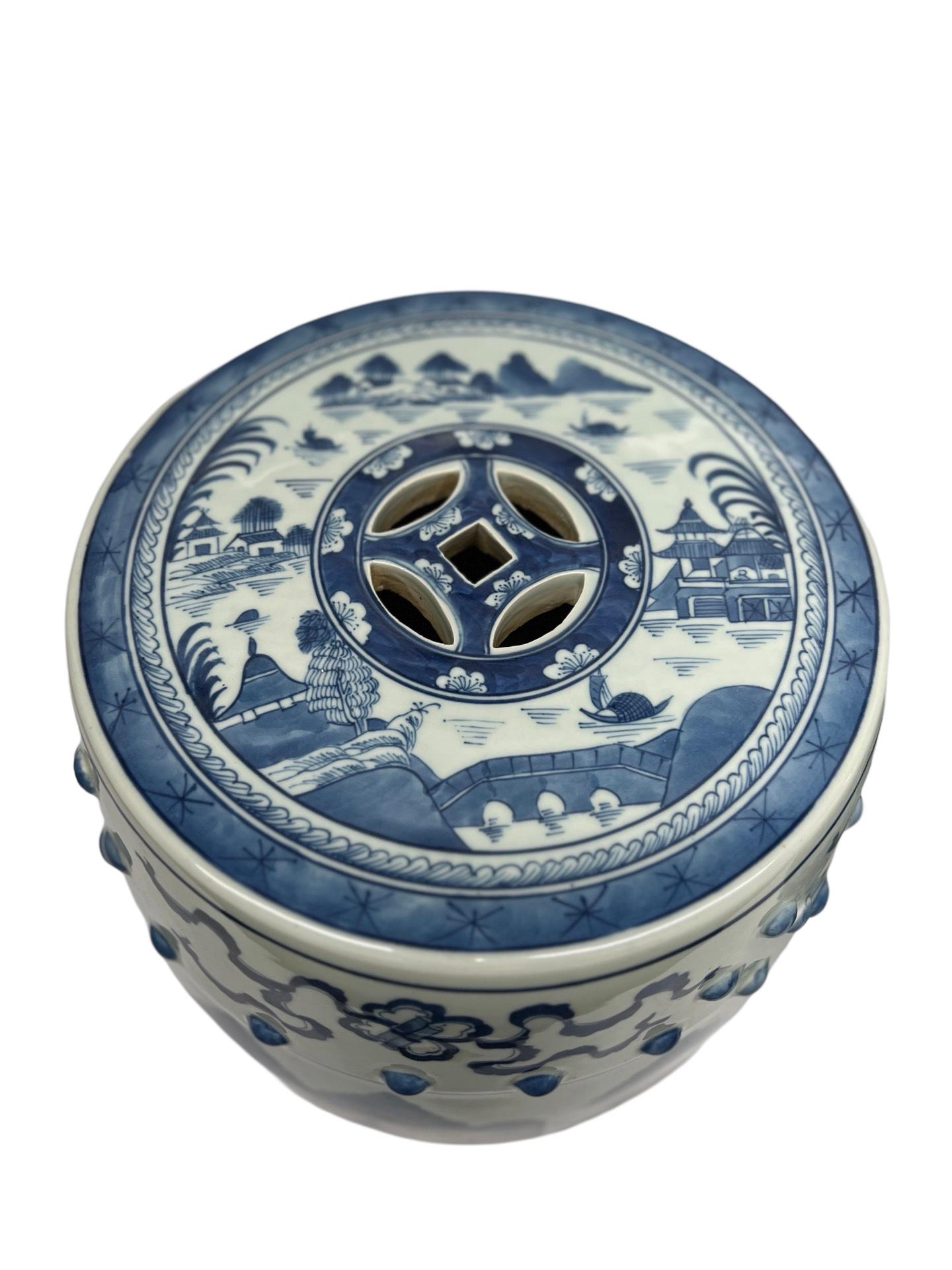 20th Century Pair, Chinese Export Canton Style Blue & White Garden Stools