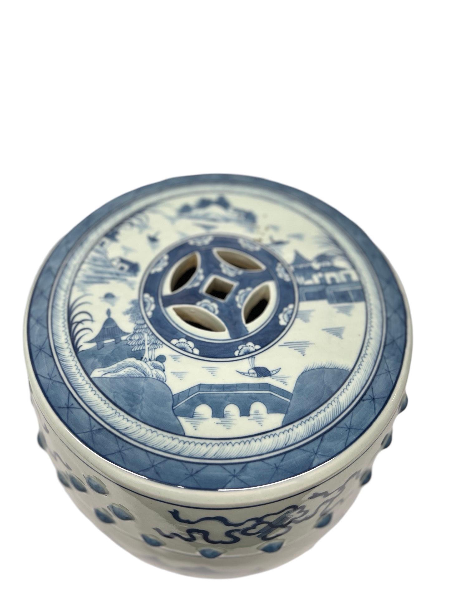 Porcelain Pair, Chinese Export Canton Style Blue & White Garden Stools