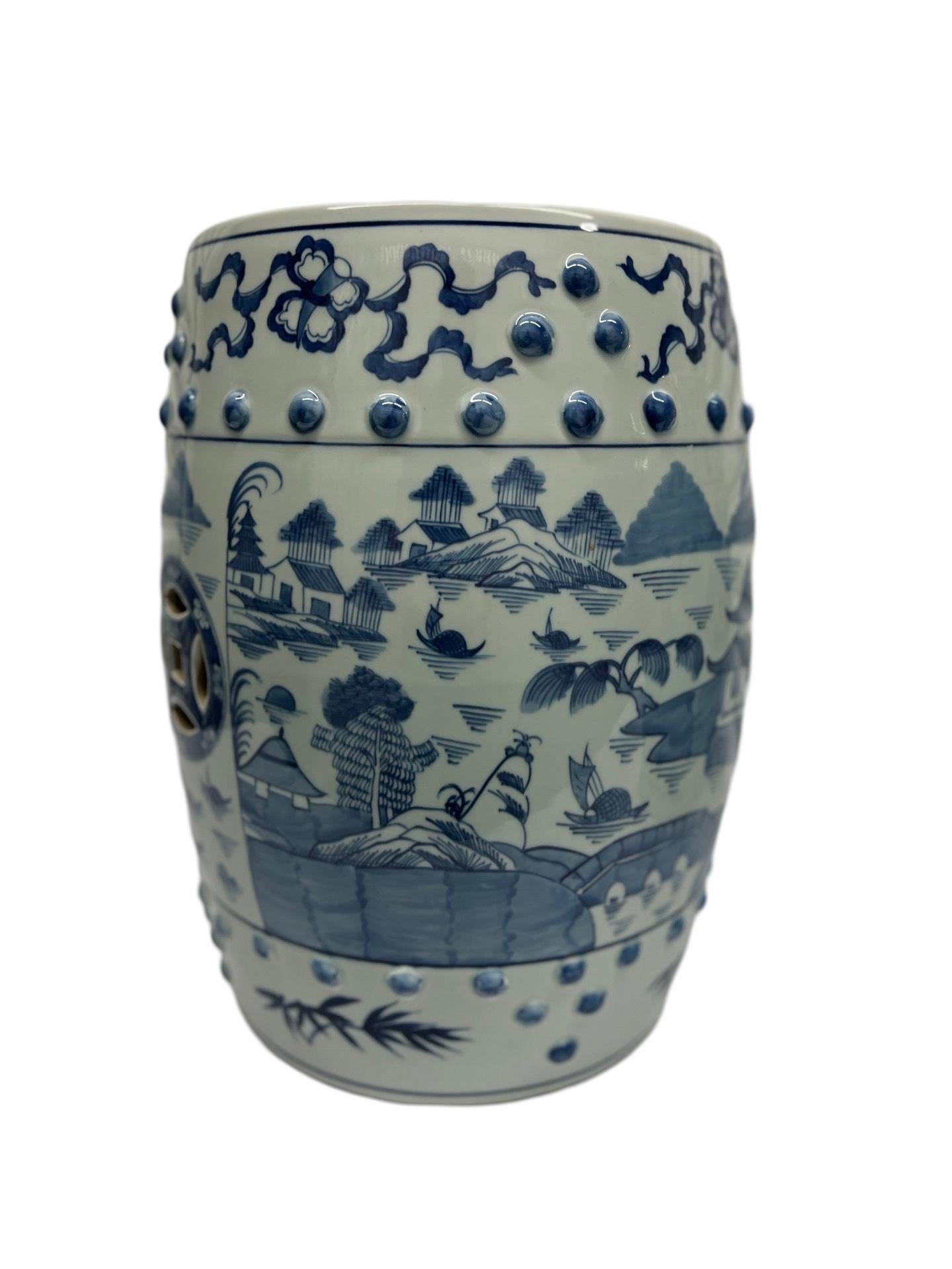 Pair, Chinese Export Canton Style Blue & White Garden Stools 1