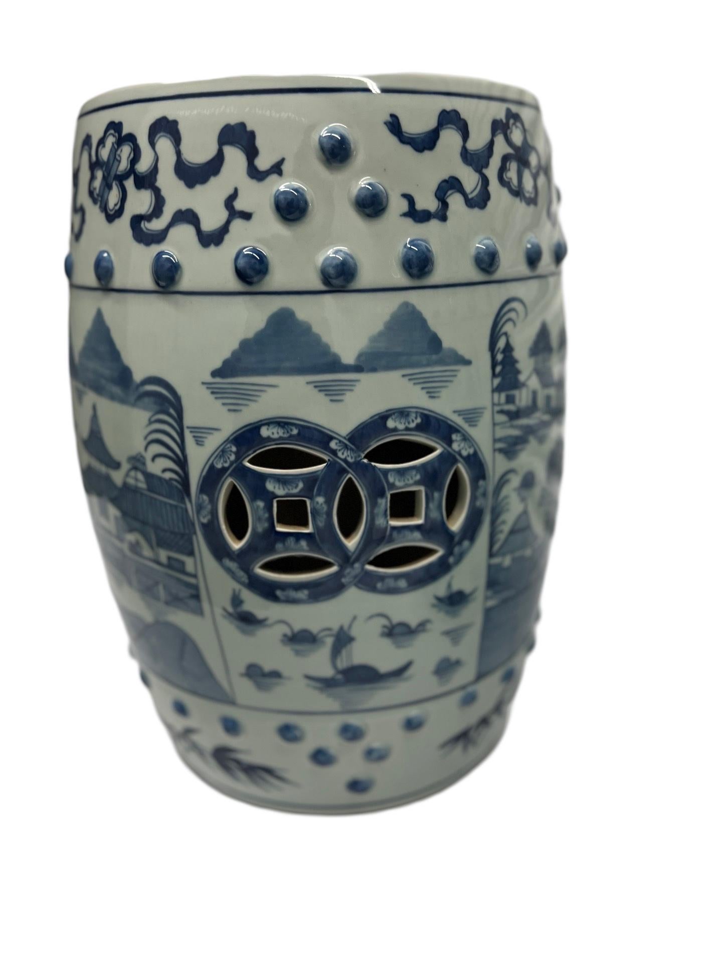 Pair, Chinese Export Canton Style Blue & White Garden Stools 2