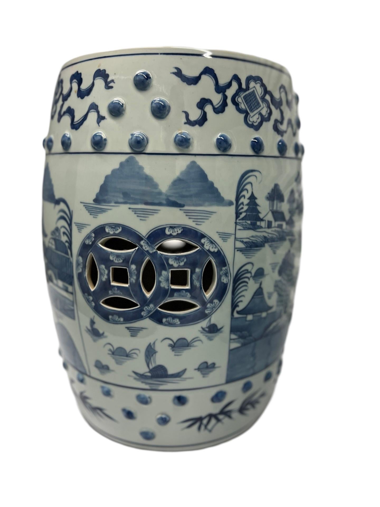 Pair, Chinese Export Canton Style Blue & White Garden Stools 4