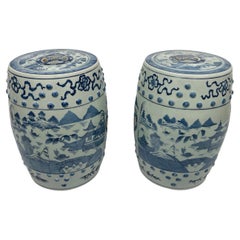 Vintage Pair, Chinese Export Canton Style Blue & White Garden Stools