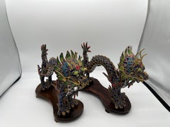Pair, Chinese Export Cloisonne Enameled Dragon Figurines on Stands