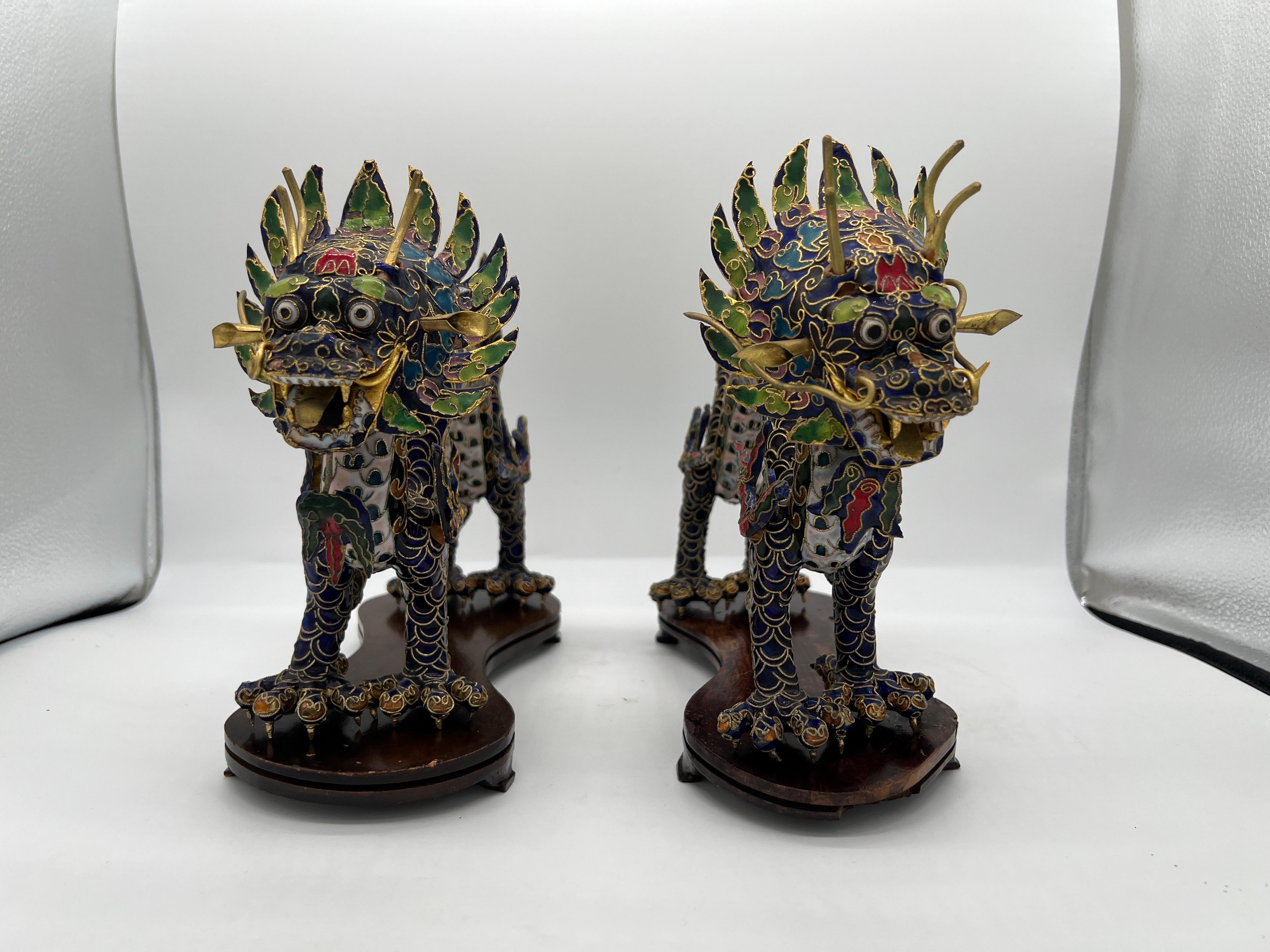 Pair, Chinese Export Cloisonne Enameled Dragon Figurines on Stands In Good Condition For Sale In Atlanta, GA