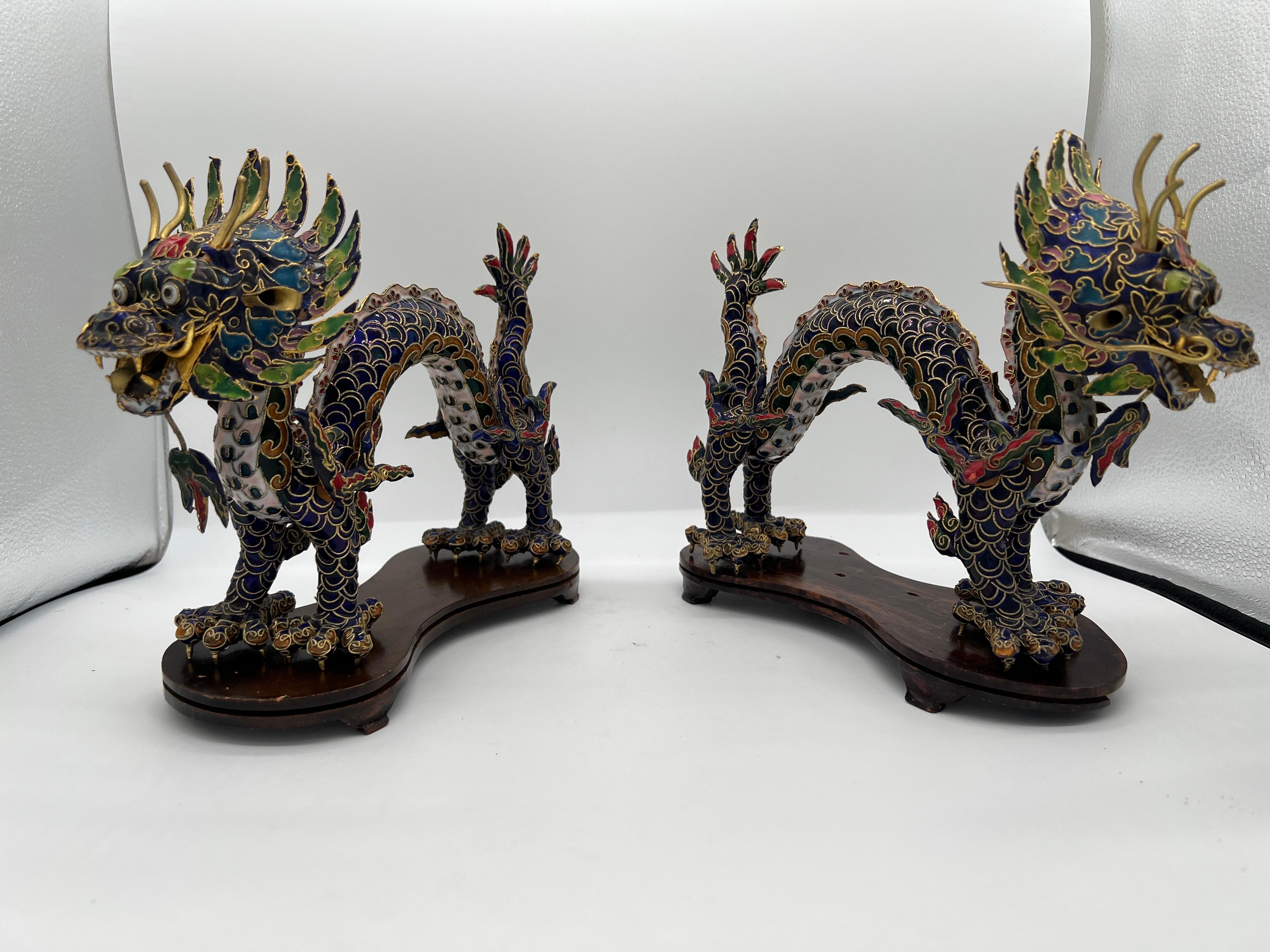 20th Century Pair, Chinese Export Cloisonne Enameled Dragon Figurines on Stands For Sale