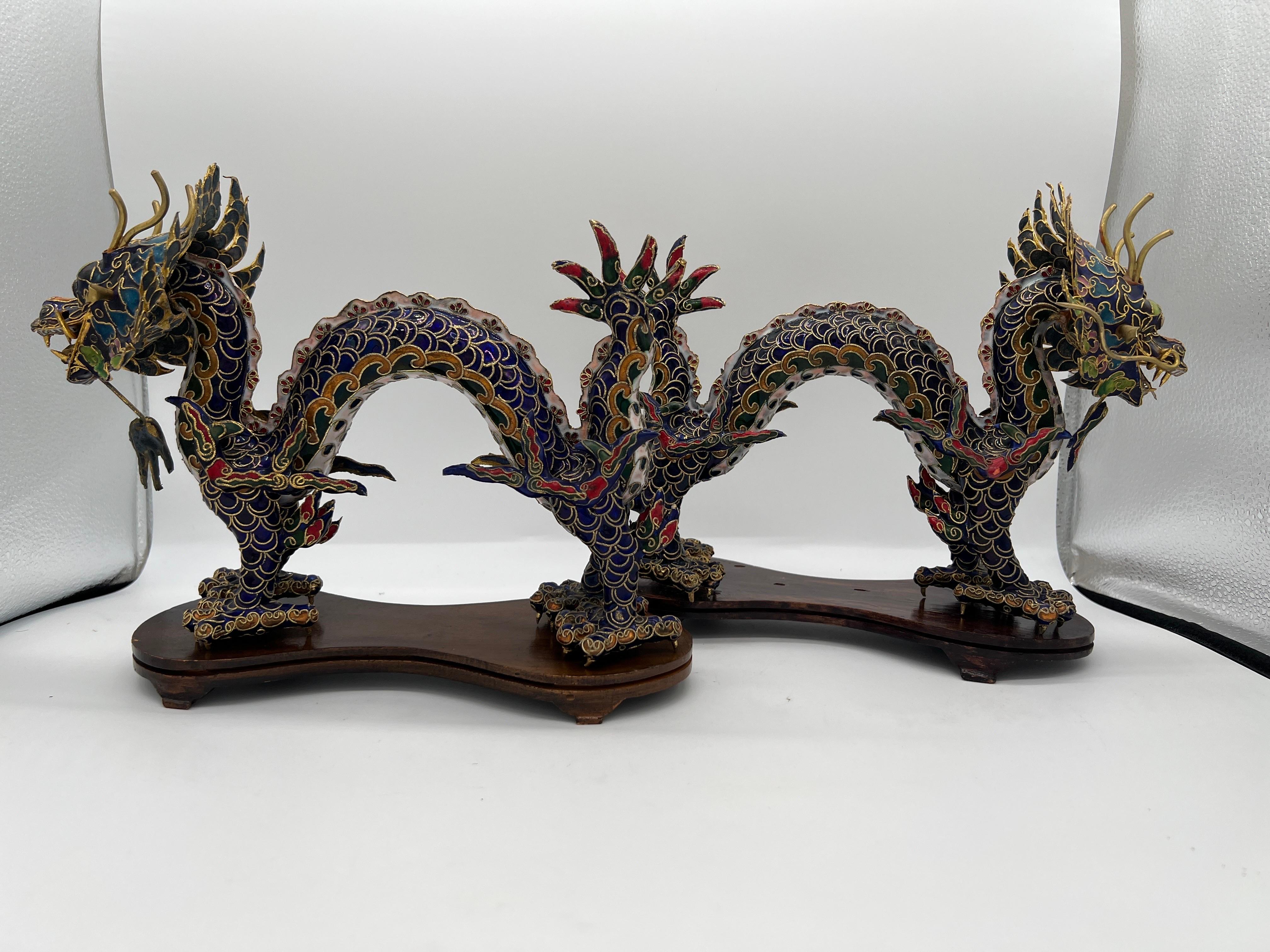 Brass Pair, Chinese Export Cloisonne Enameled Dragon Figurines on Stands For Sale