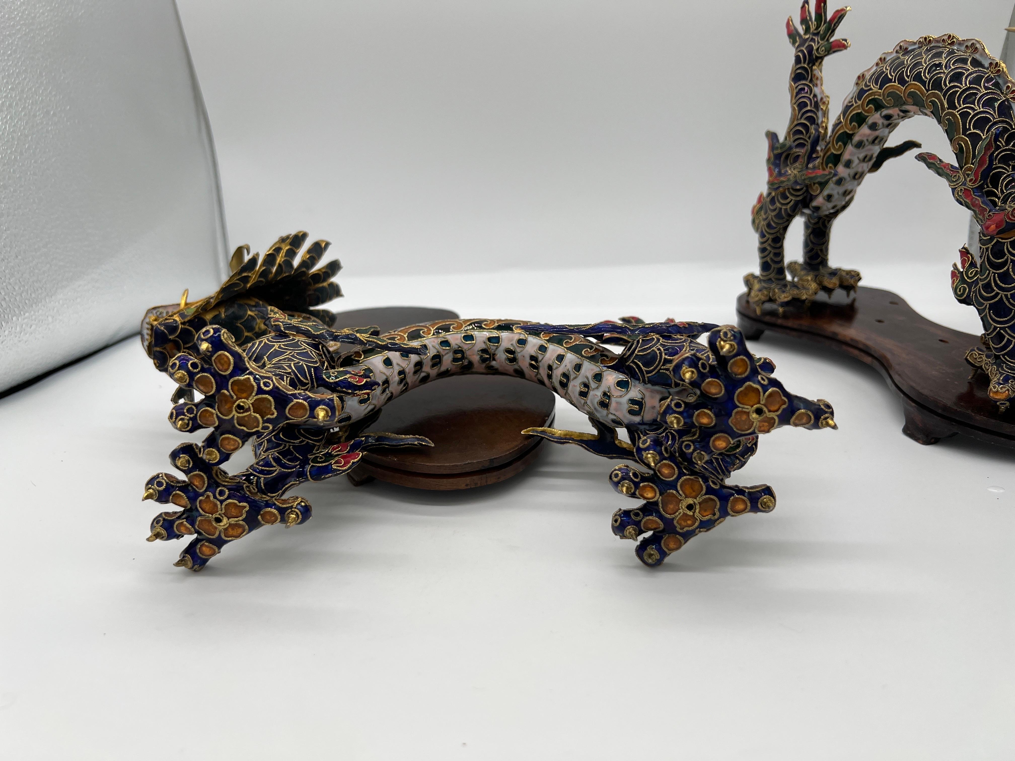 Pair, Chinese Export Cloisonne Enameled Dragon Figurines on Stands For Sale 1