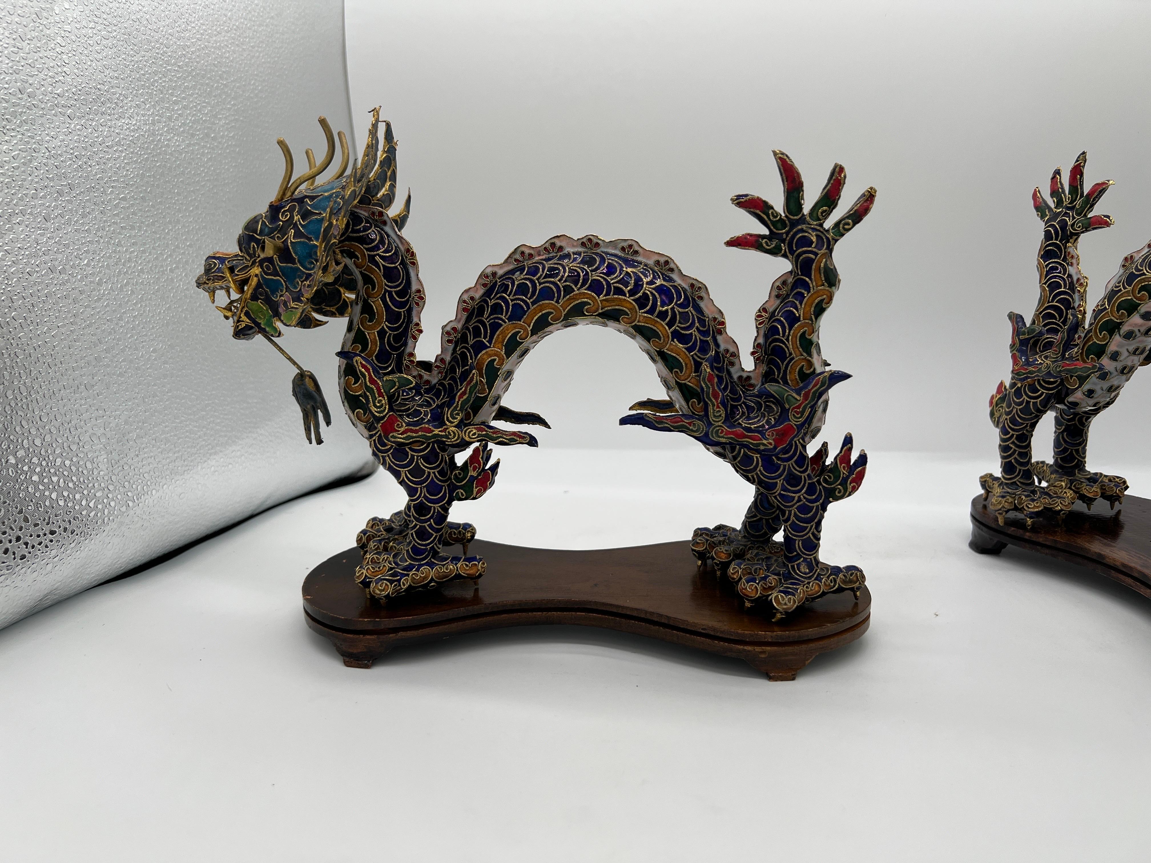 Pair, Chinese Export Cloisonne Enameled Dragon Figurines on Stands For Sale 3