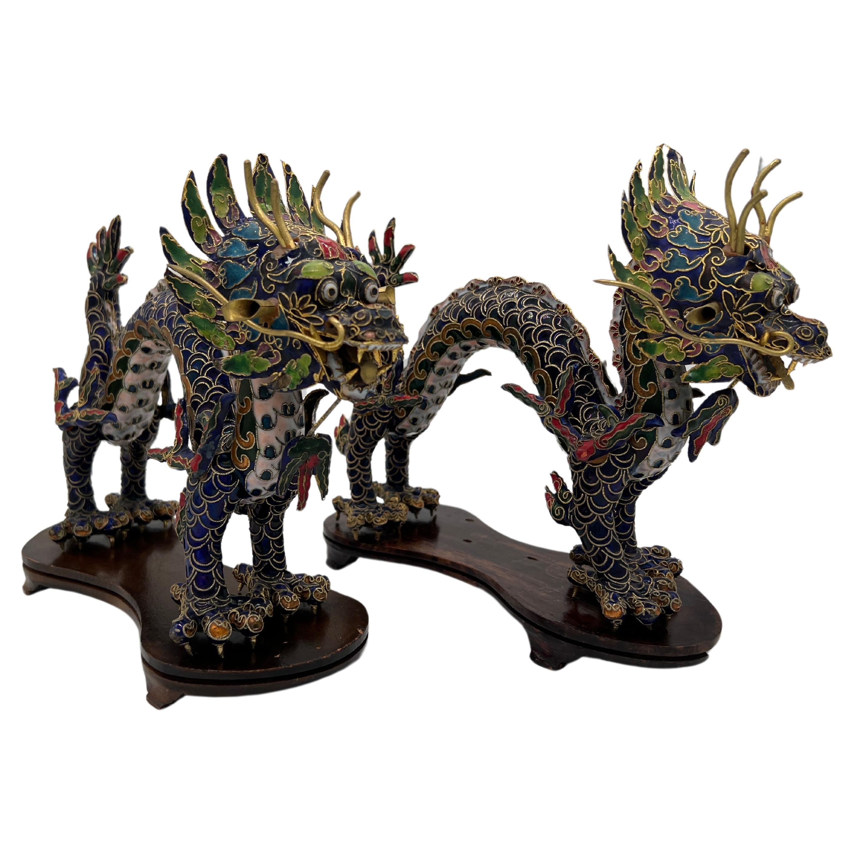 Pair, Chinese Export Cloisonne Enameled Dragon Figurines on Stands For Sale