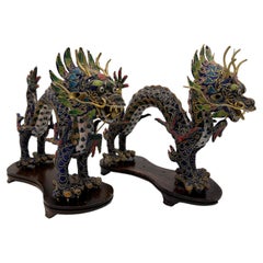 Pair, Chinese Export Cloisonne Enameled Dragon Figurines on Stands