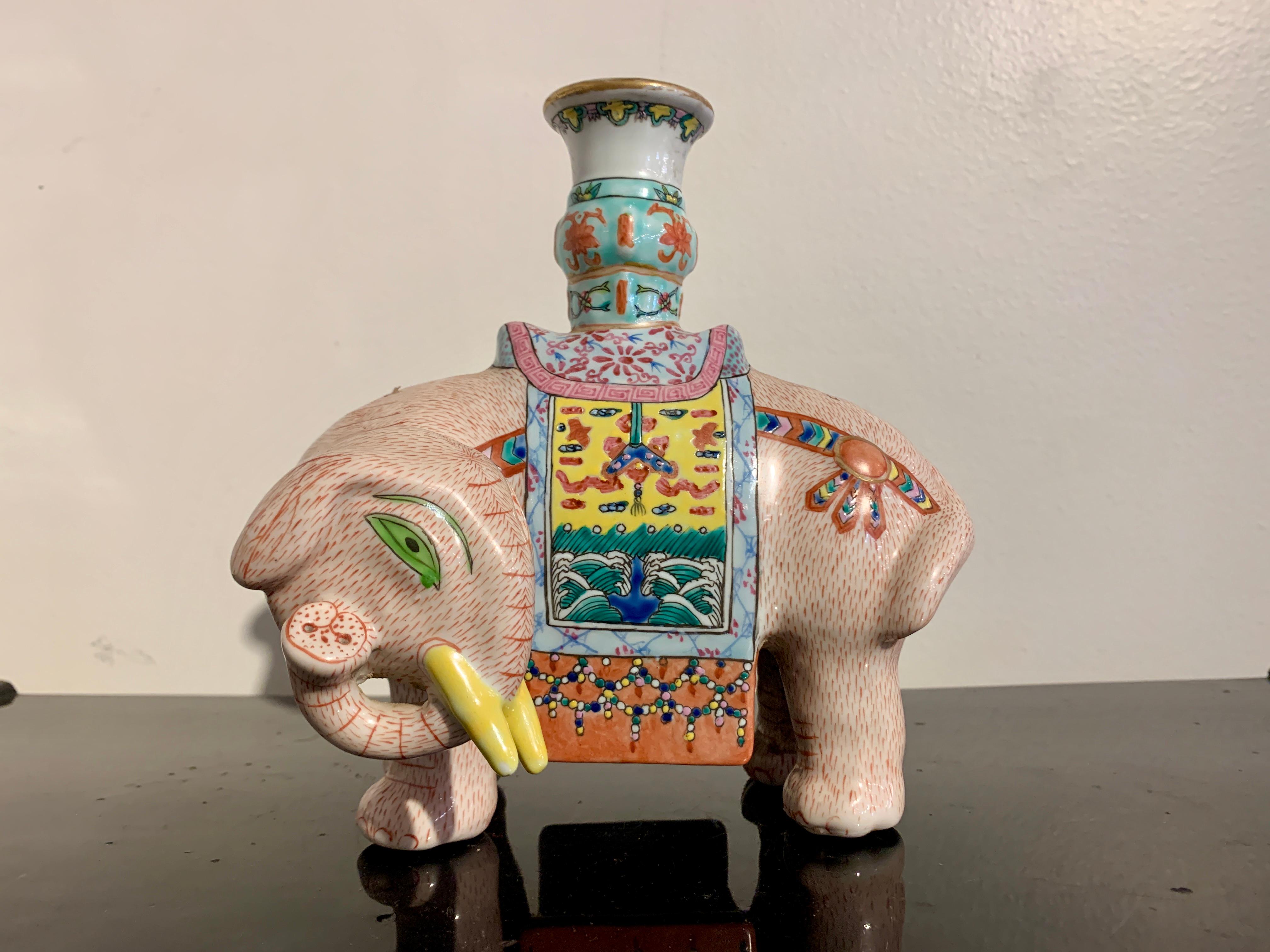 Pair Chinese Export Famille Rose Enameled Elephant Candle Holders, Early 20th C For Sale 3