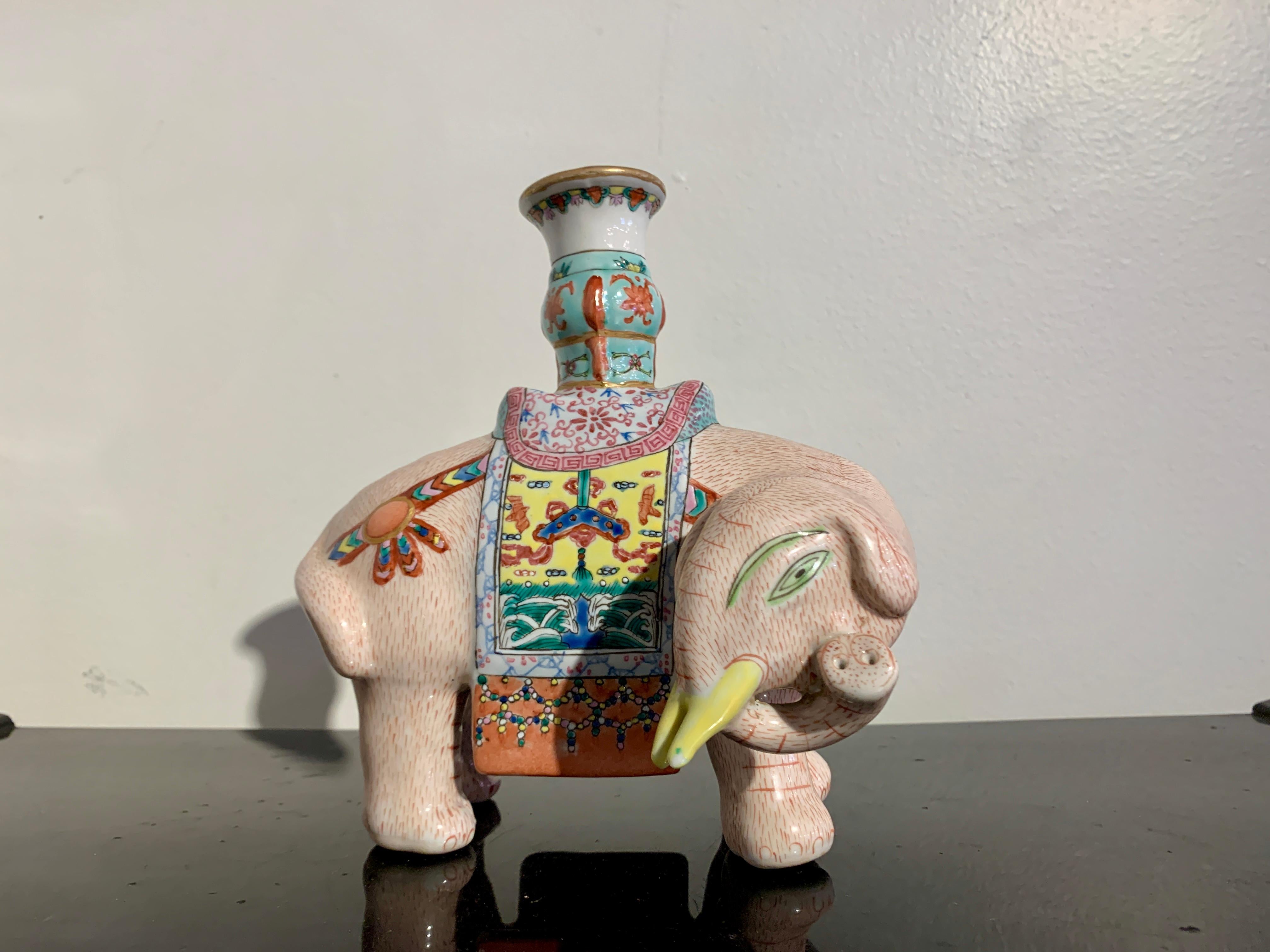 Pair Chinese Export Famille Rose Enameled Elephant Candle Holders, Early 20th C For Sale 4